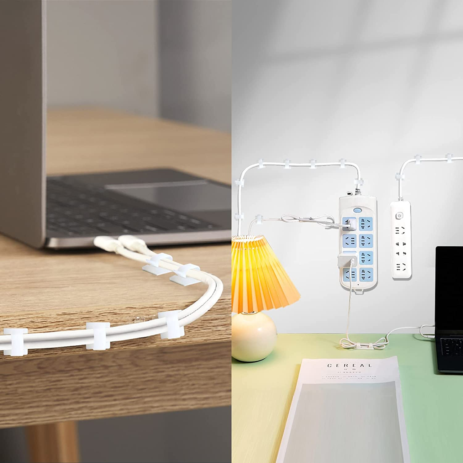 Zwei Fotos: Kabel mit Clips auf dem Schreibtisch und an der Wand mit Steckdosenleiste.