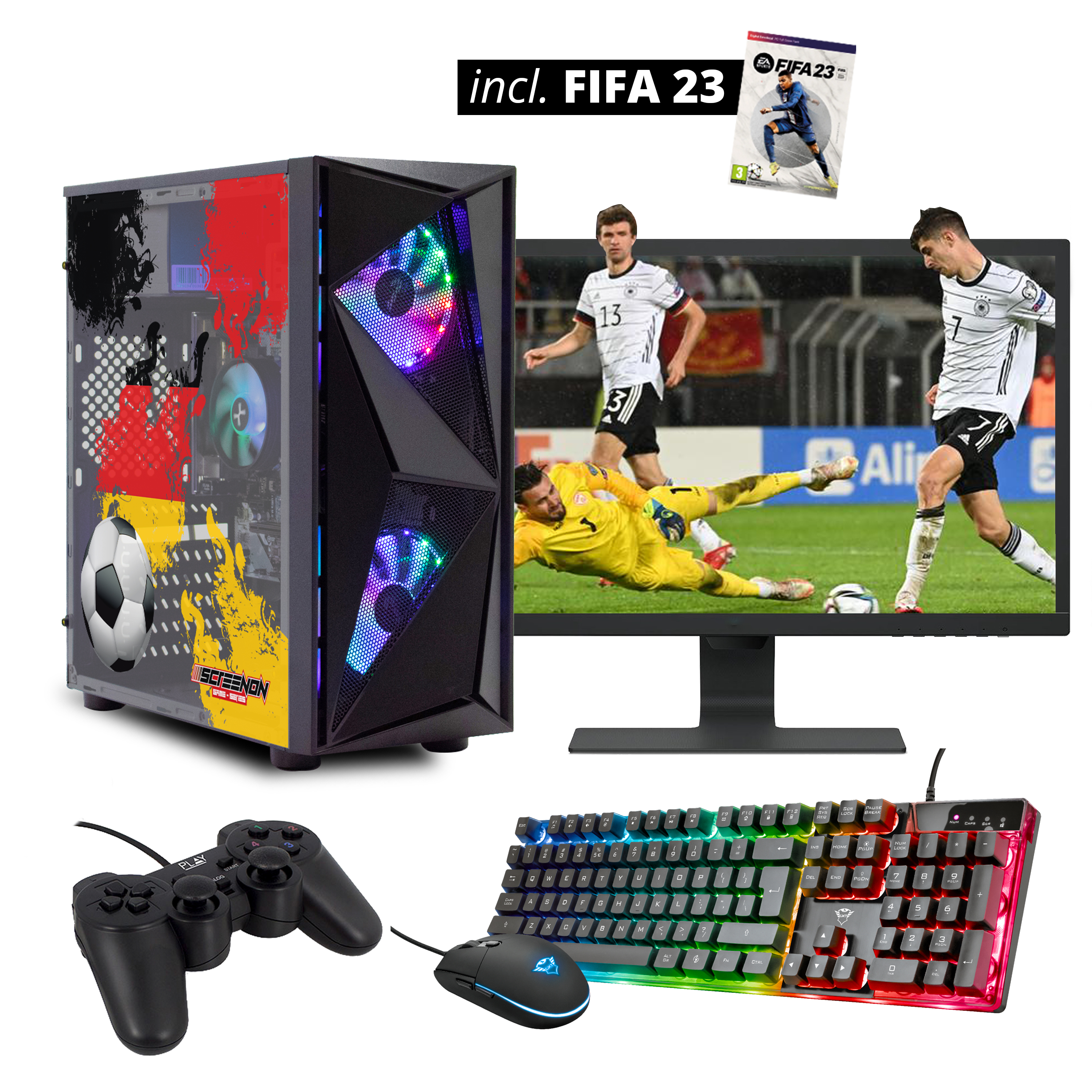 24 Monitor FIFA Komplett 240 mit Prozessor, Gamer 4 mit Ryzen 3600 23 PC FF23-V1102024, SSD, und Gaming Zoll 1650, - GB RAM, set GTX GB Geforce - Nvidia SCREENON 5 Gaming 8 PC GB