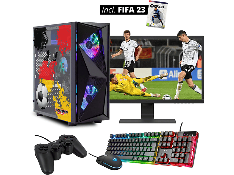 SCREENON Gamer set - Gaming Komplett PC mit 27 Zoll Monitor und FIFA 23 - FF23-V1102027, Gaming PC mit Ryzen 5 3600 Prozessor, 8 GB RAM, 240 GB SSD, Nvidia Geforce GTX 1650, 4 GB | Gaming-PCs