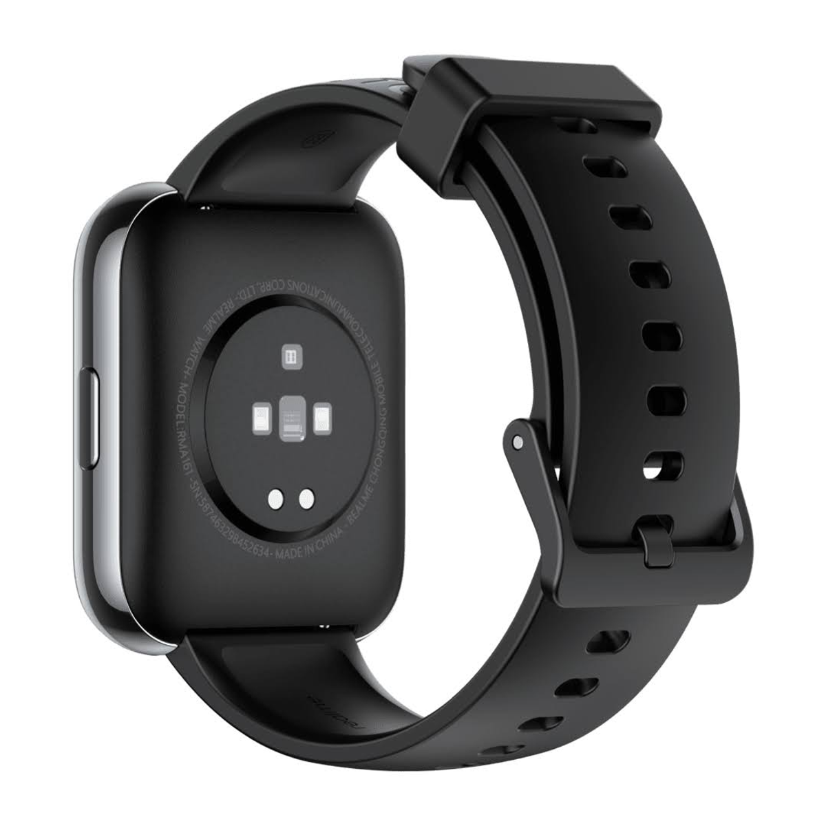 Schwarze Smartwatch. Die Rückseite zeigt Sensoren und ein schwarzes Armband. Weißer Hintergrund.