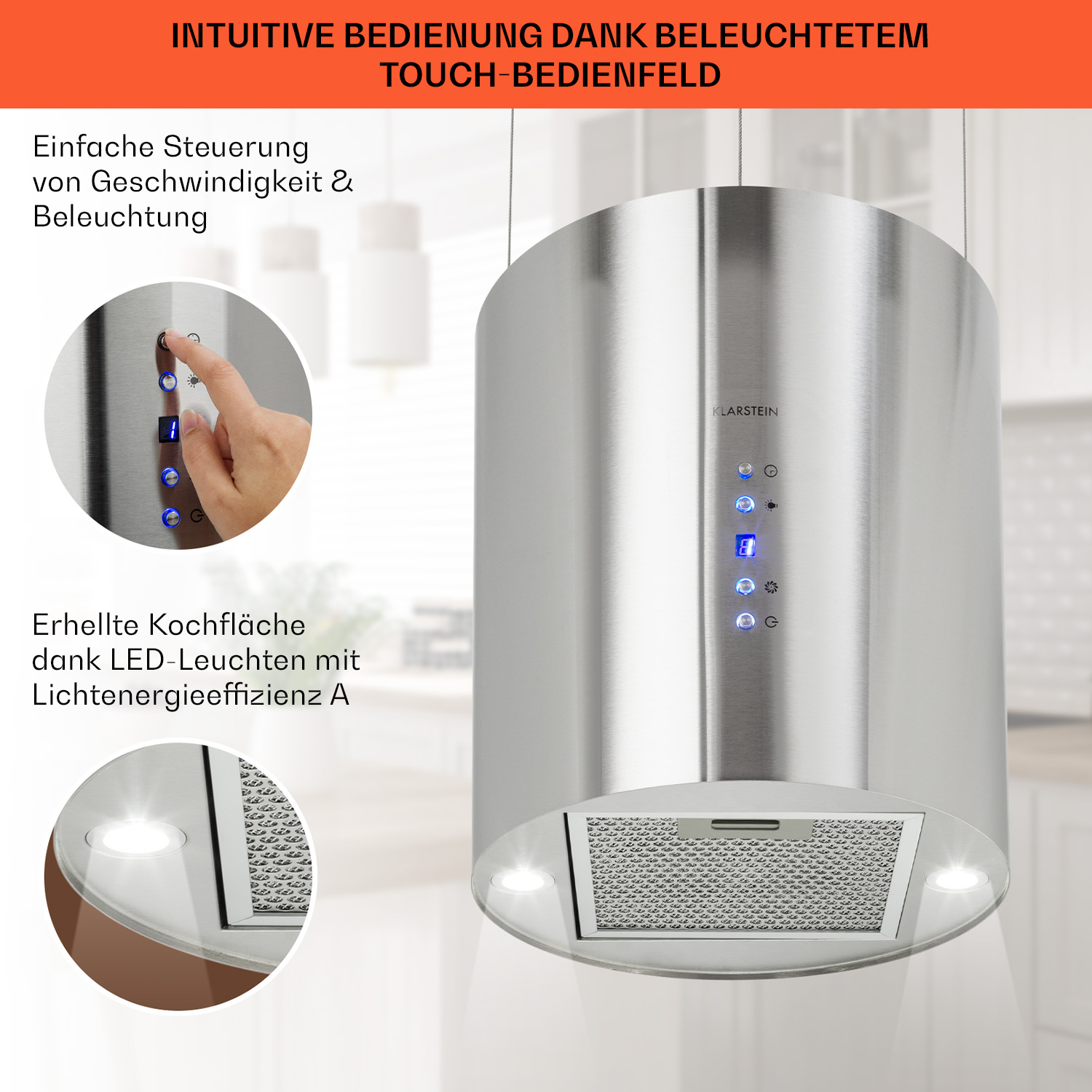Eine silberne Dunstabzugshaube mit Bedienelementen, LED-Leuchten und Blick auf eine Küche.