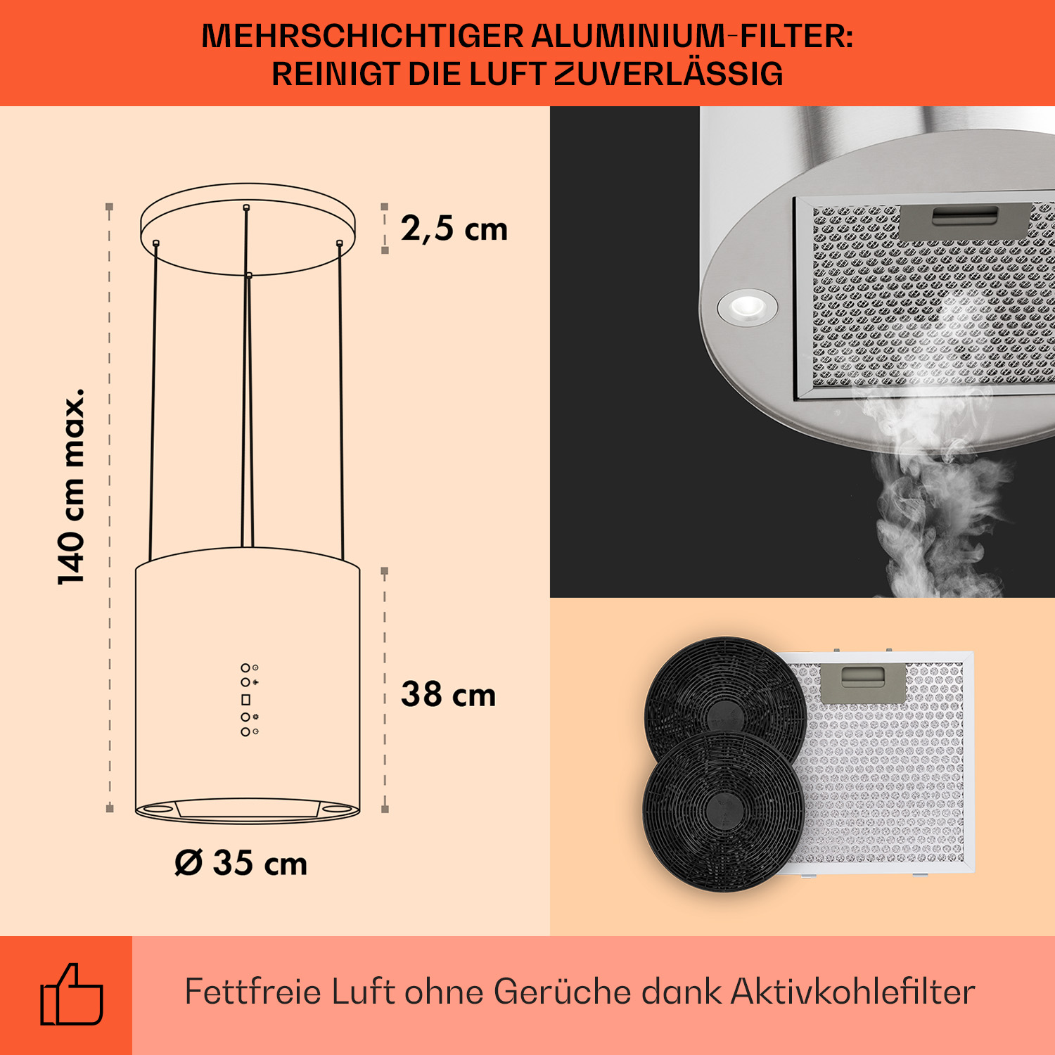 Diagramm mit Abmessungen einer Dunstabzugshaube und Foto der Haube und Filter.