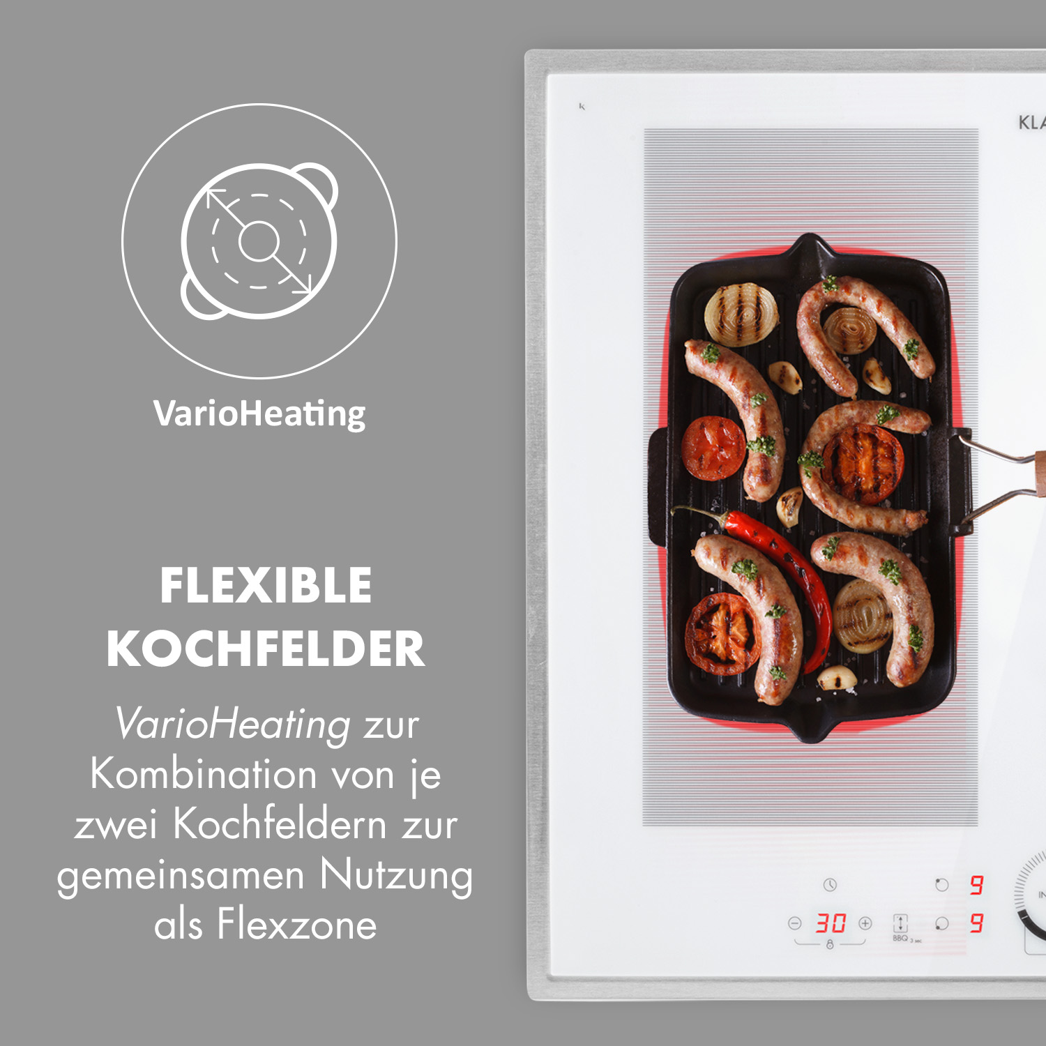 Elektrokochfeld mit Essen darauf, und Text über Funktionen.