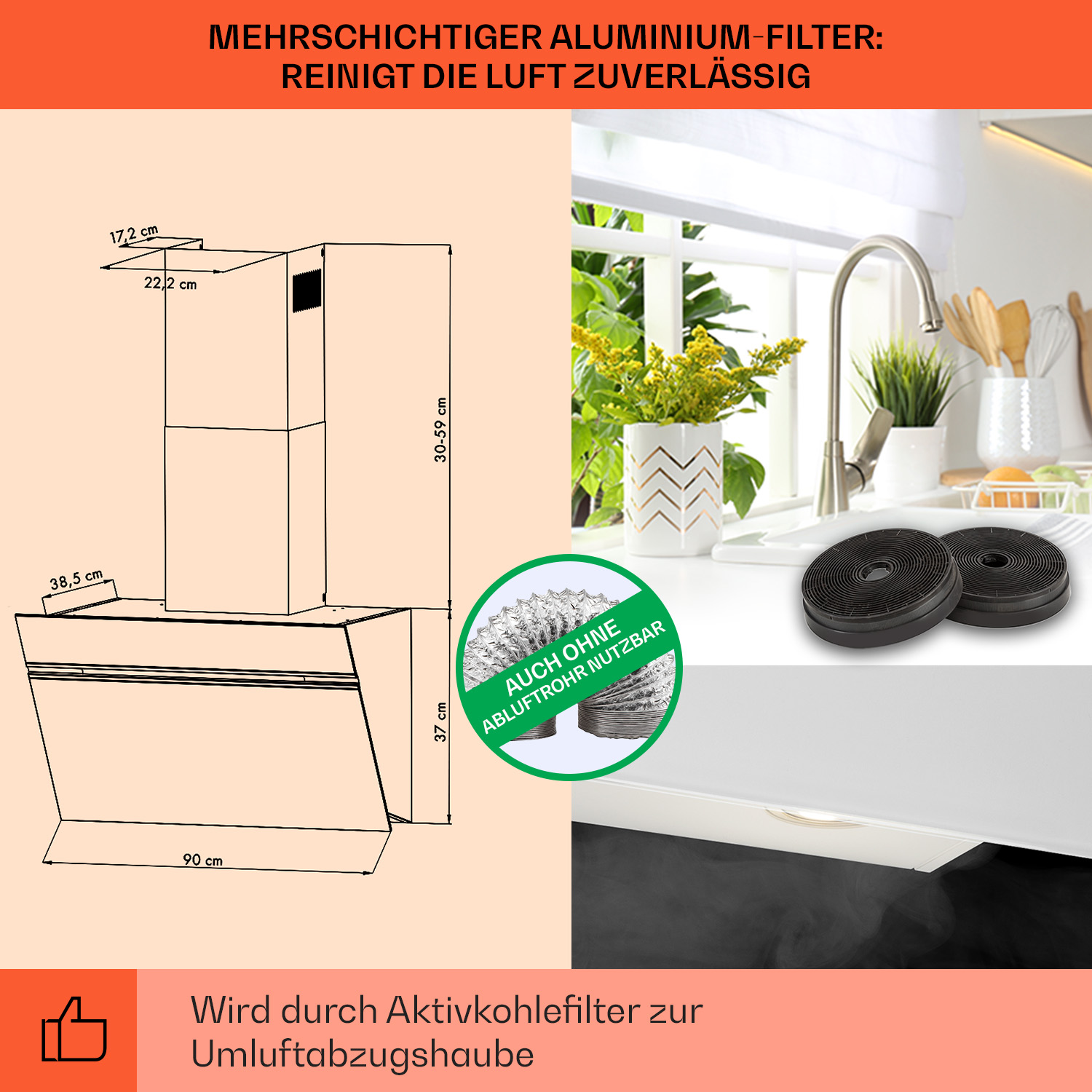 Diagramm zeigt Maße einer Dunstabzugshaube. Foto zeigt Haube und Filter mit Küche im HG.