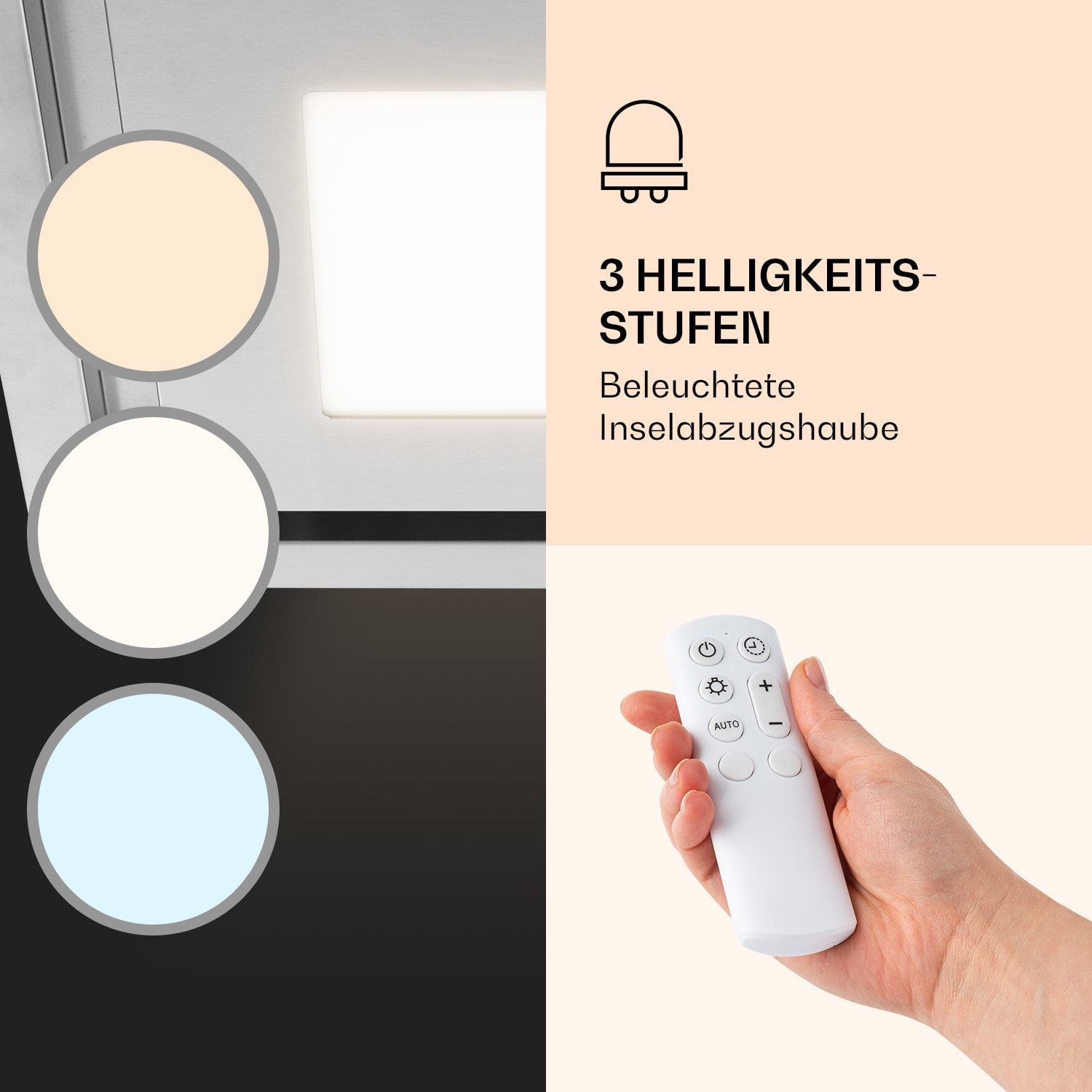 Un diagramma di una luce con tre campioni di colore e un telecomando. Testo in tedesco.