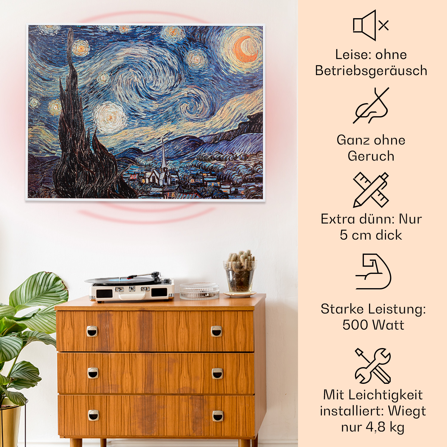 Ein gerahmter Druck von 'Sternennacht' über einem Holzschrank mit Plattenspieler.