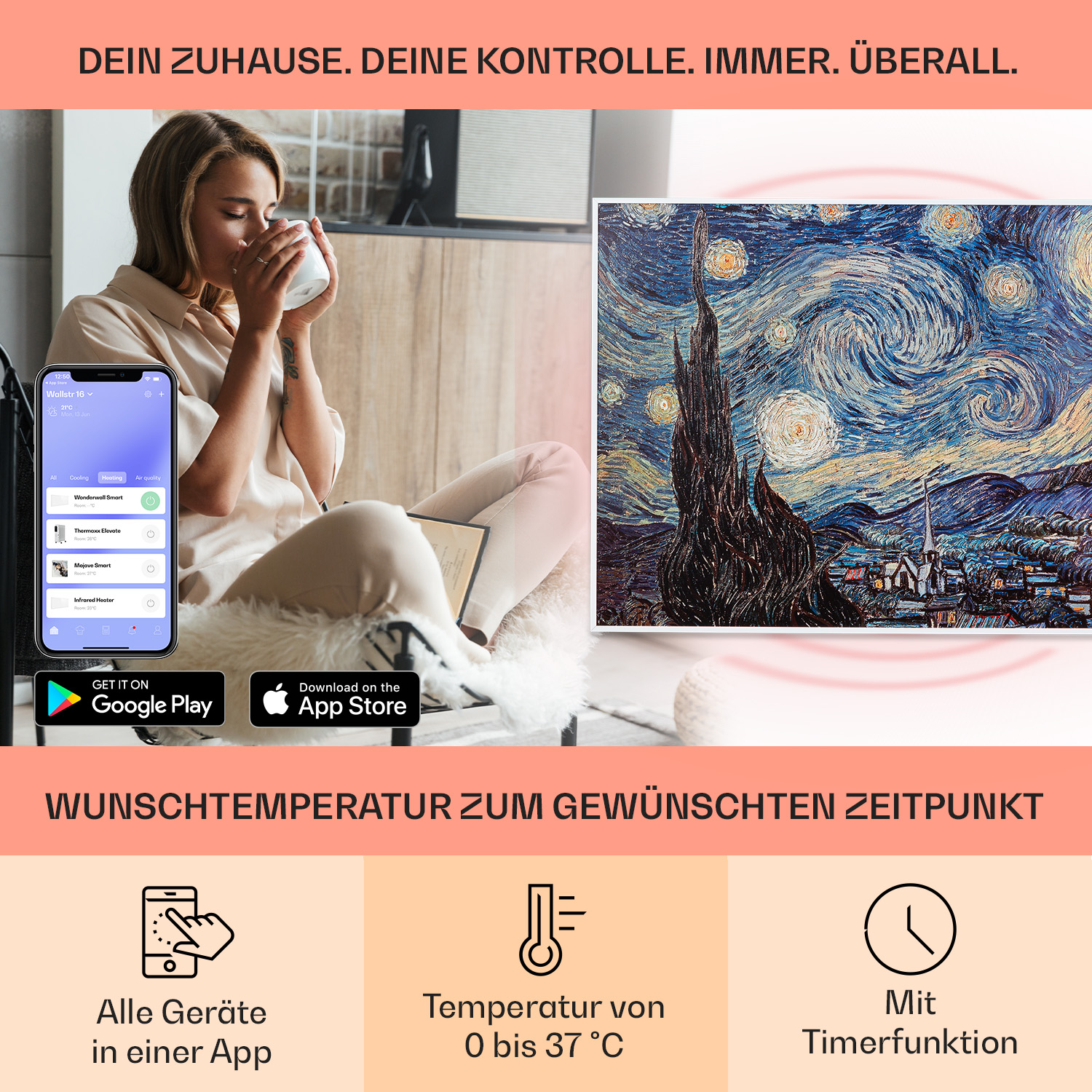 Frau nutzt Telefon, Smart-Home-App, Kunst an der Wand.