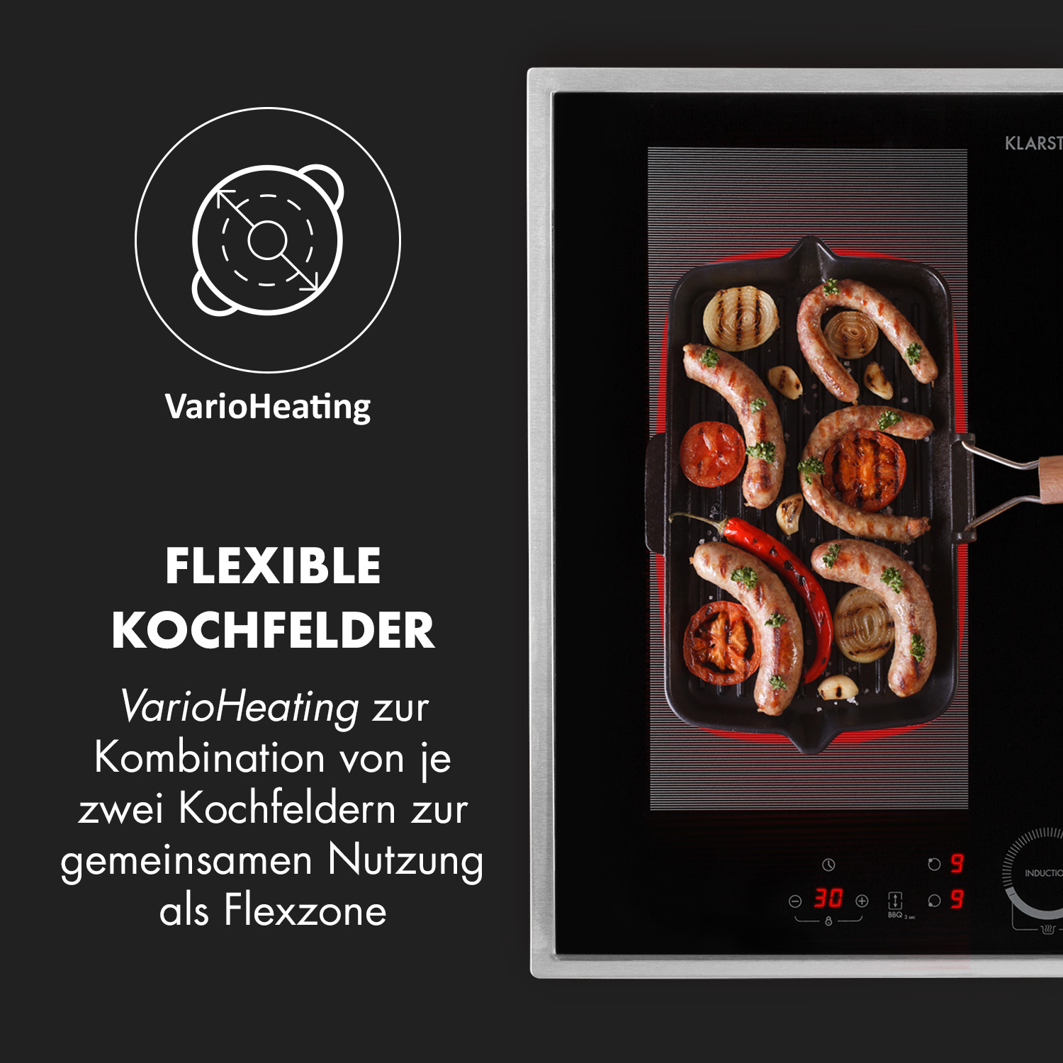 Placa de inducción con comida, texto sobre VarioHeating y zonas de cocción flexibles.