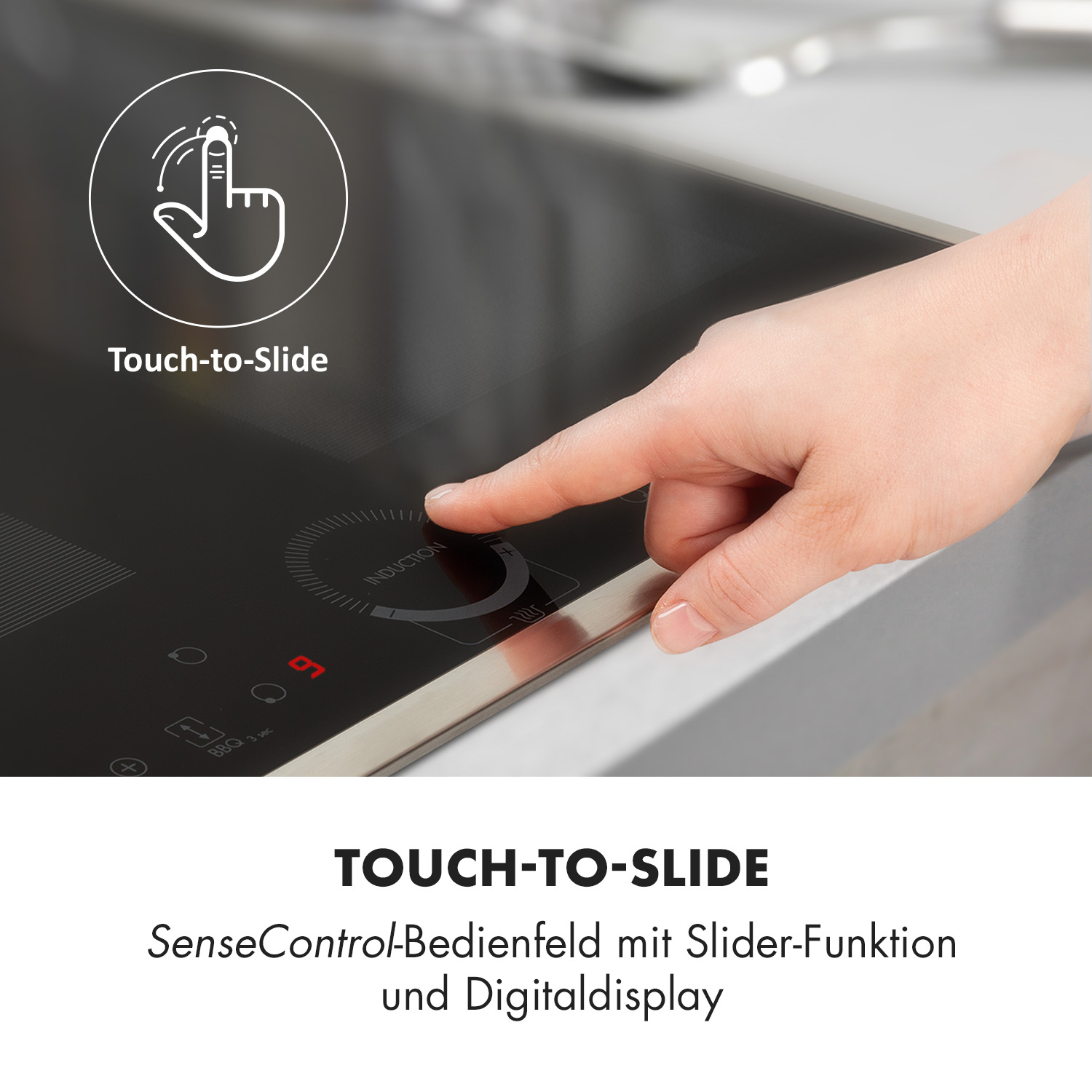 Primer plano de una mano tocando una placa de inducción. La placa es negra con pantalla digital y controles táctiles.