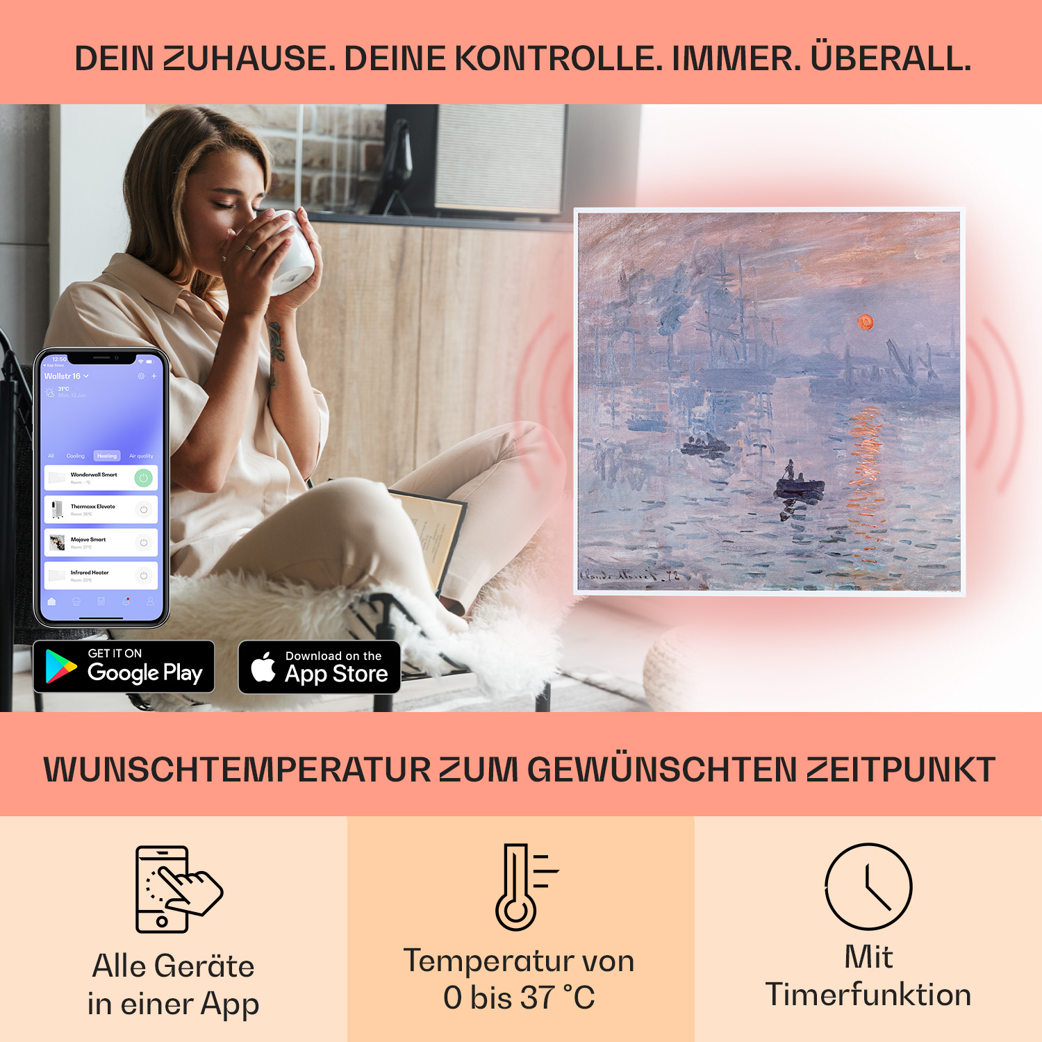 Eine Frau benutzt ein Telefon mit einer App, mit einem Kunstwerk und Symbolen im Hintergrund.