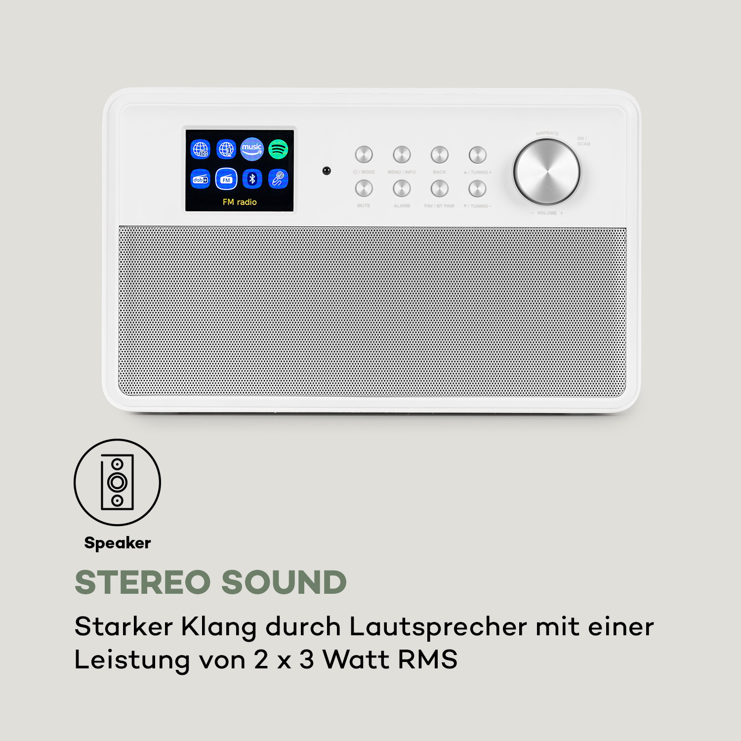Weißes Radio mit Display und Lautsprecher. Text: Stereoklang, starker Klang durch Lautsprecher von 2 x 3 Watt RMS.
