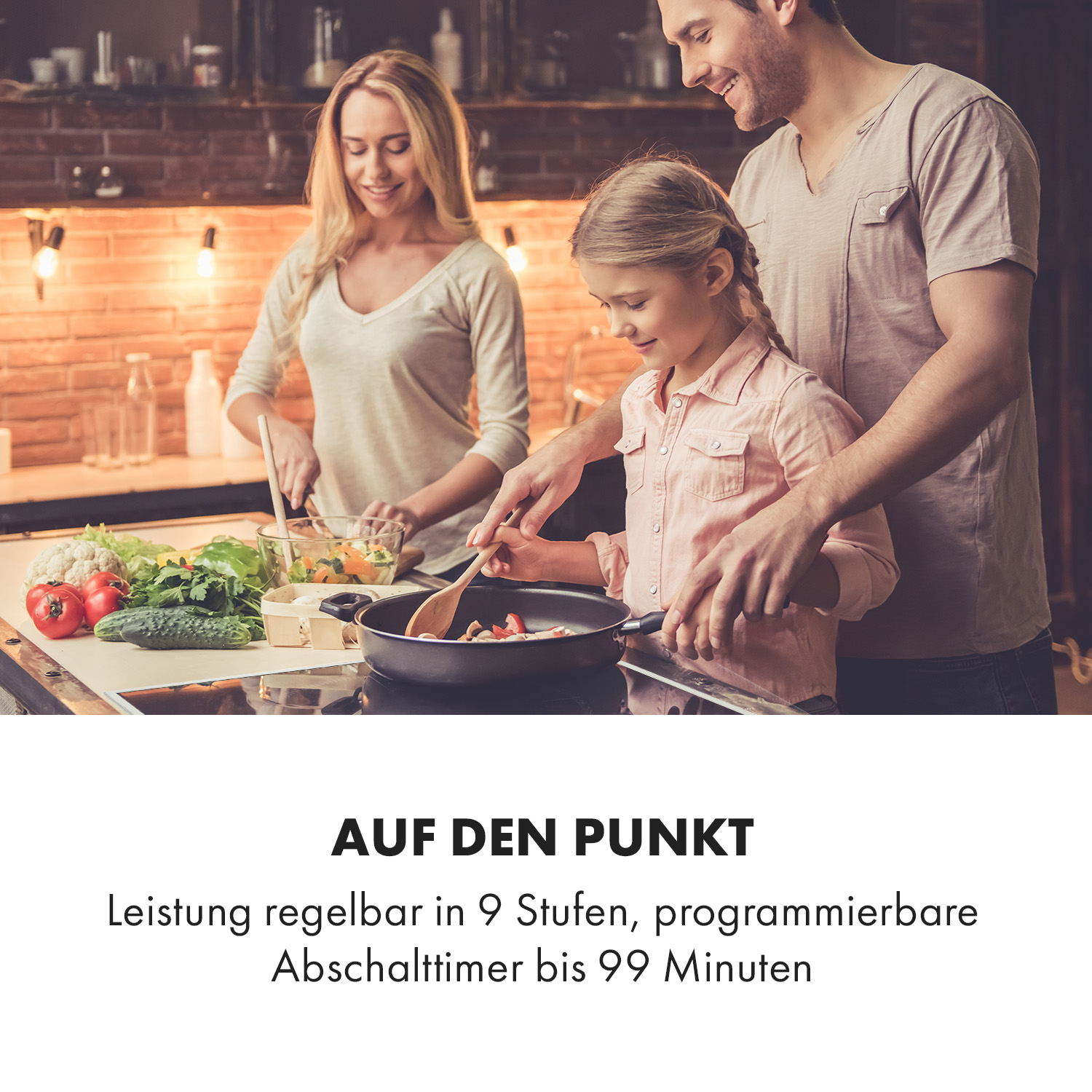 Eine Familie kocht in einer Küche. Eine Frau schneidet Gemüse. Der Text lautet 'ON POINT' und hat Funktionen.