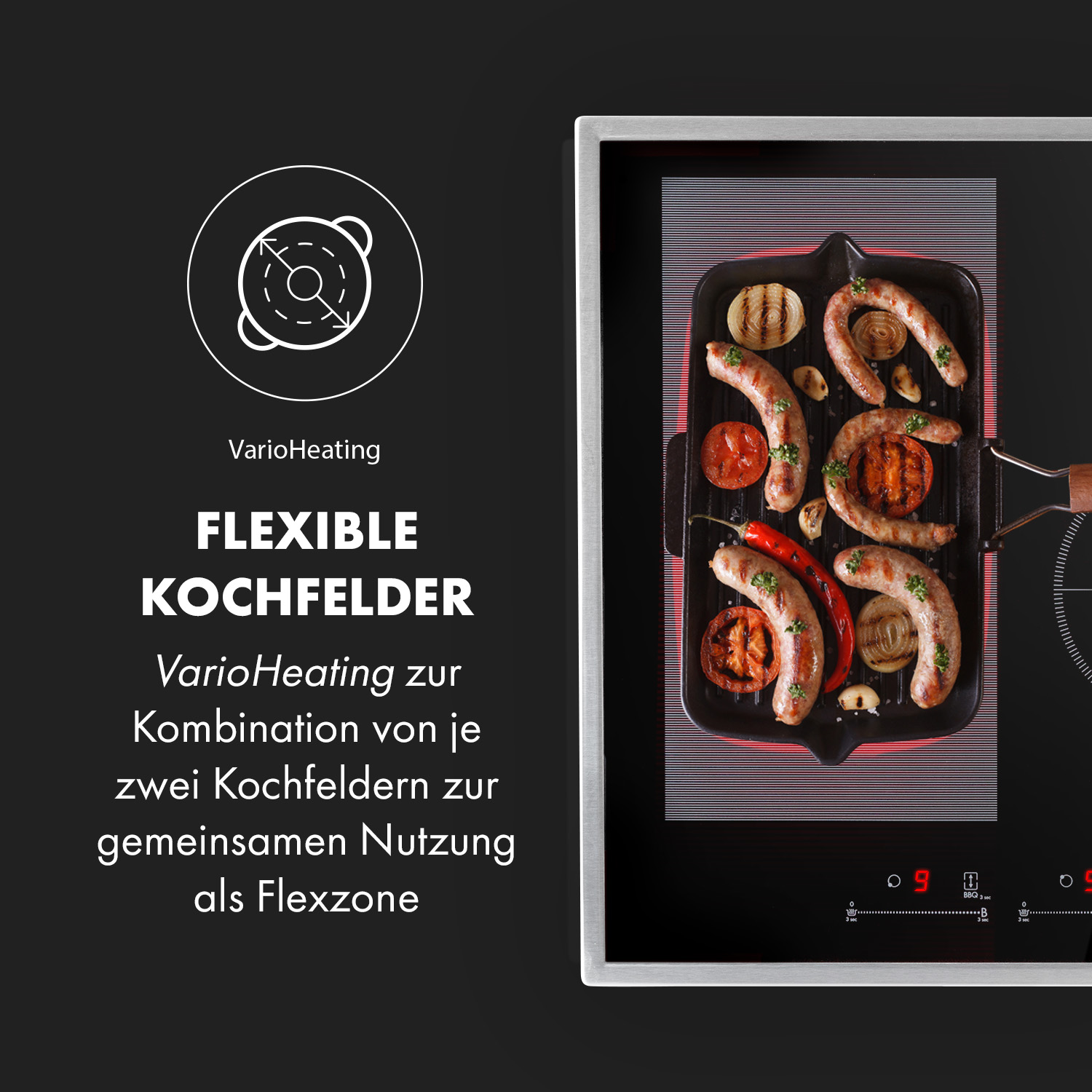 Schwarzes Elektrokochfeld mit Essen. Rotes Licht darunter. Text über flexible Kochzonen.