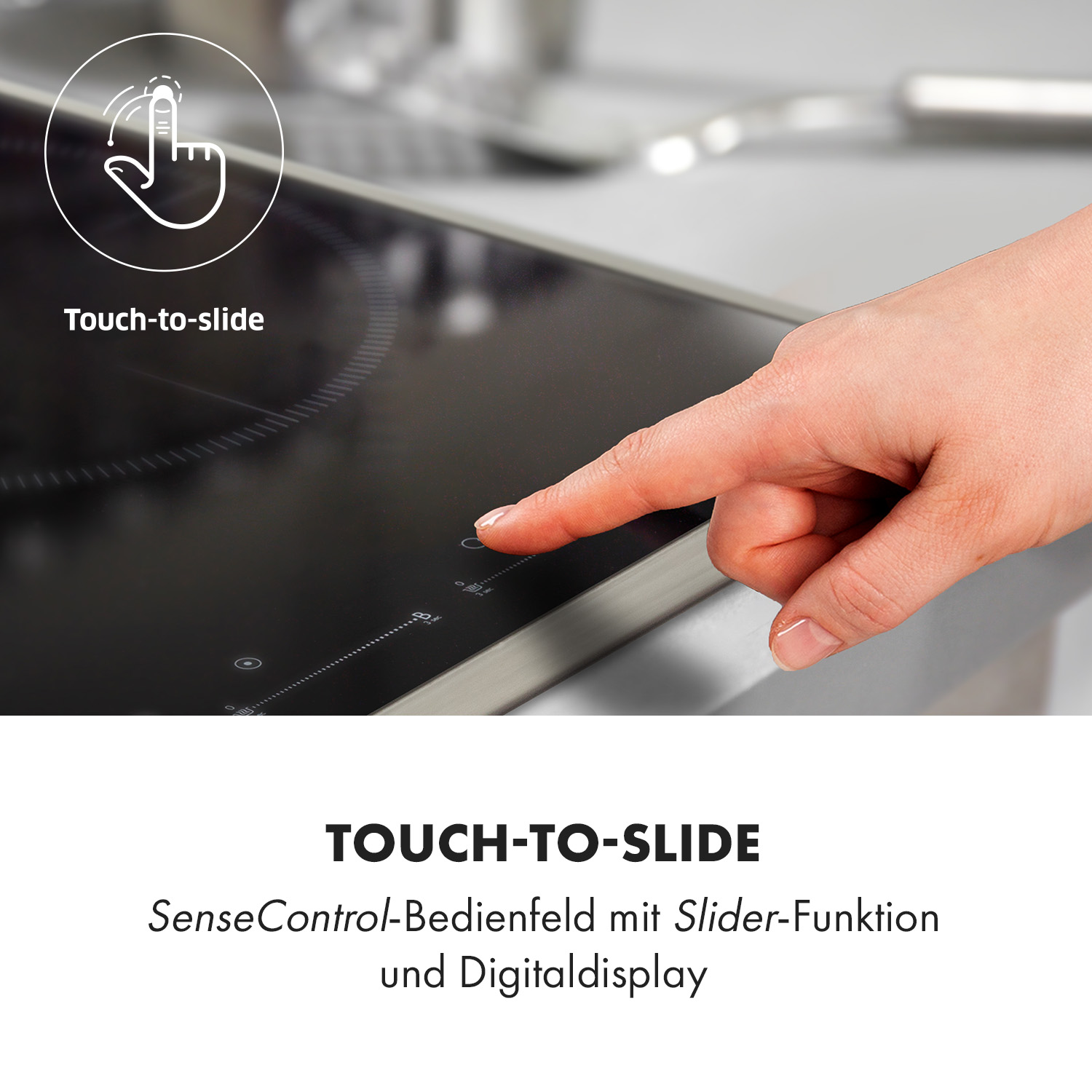 Schwarzes Kochfeld mit einer Hand, die die Touch-Steuerung berührt.
