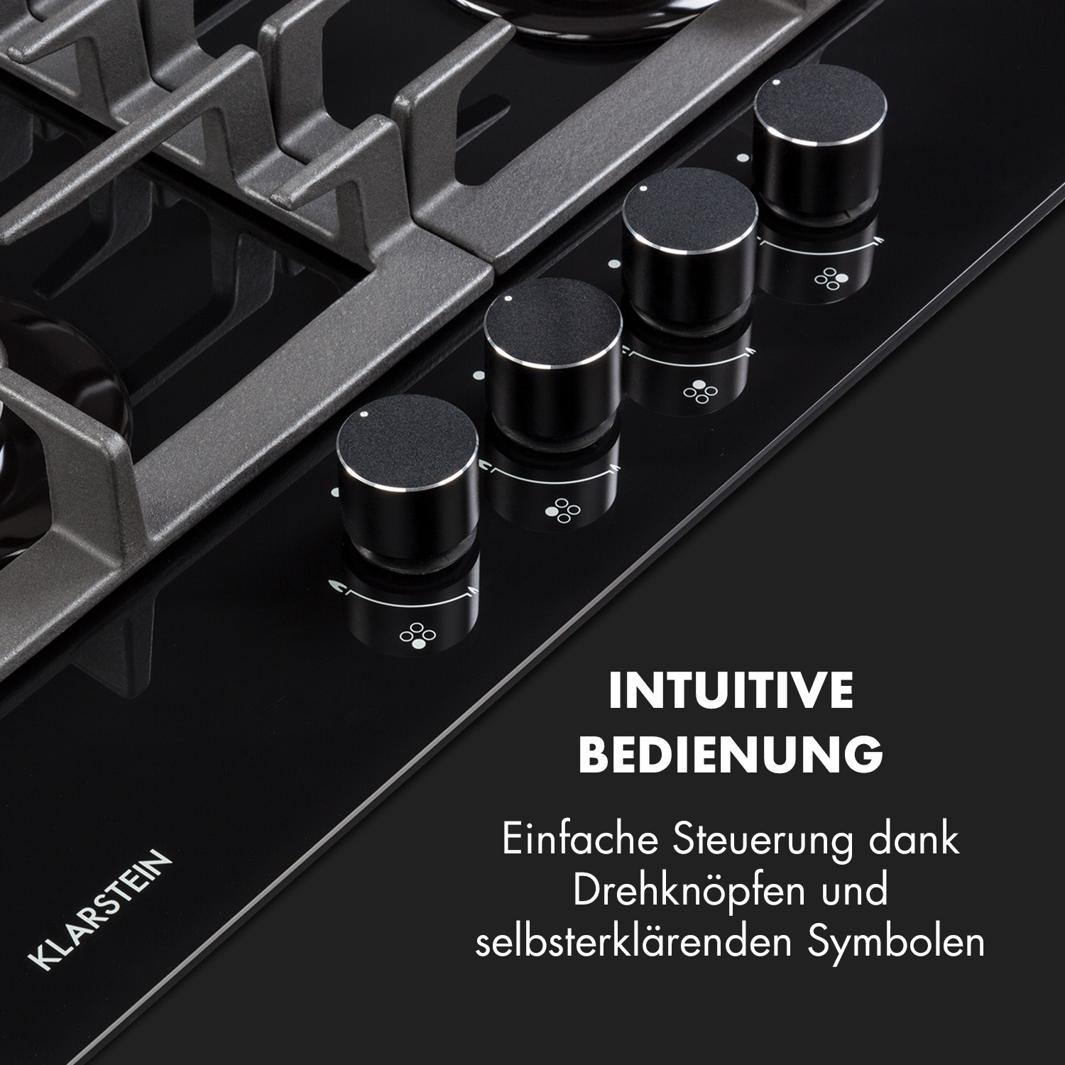Nahaufnahme eines schwarzen Kochfelds mit vier Knöpfen. Text: 'Intuitive Bedienung'.