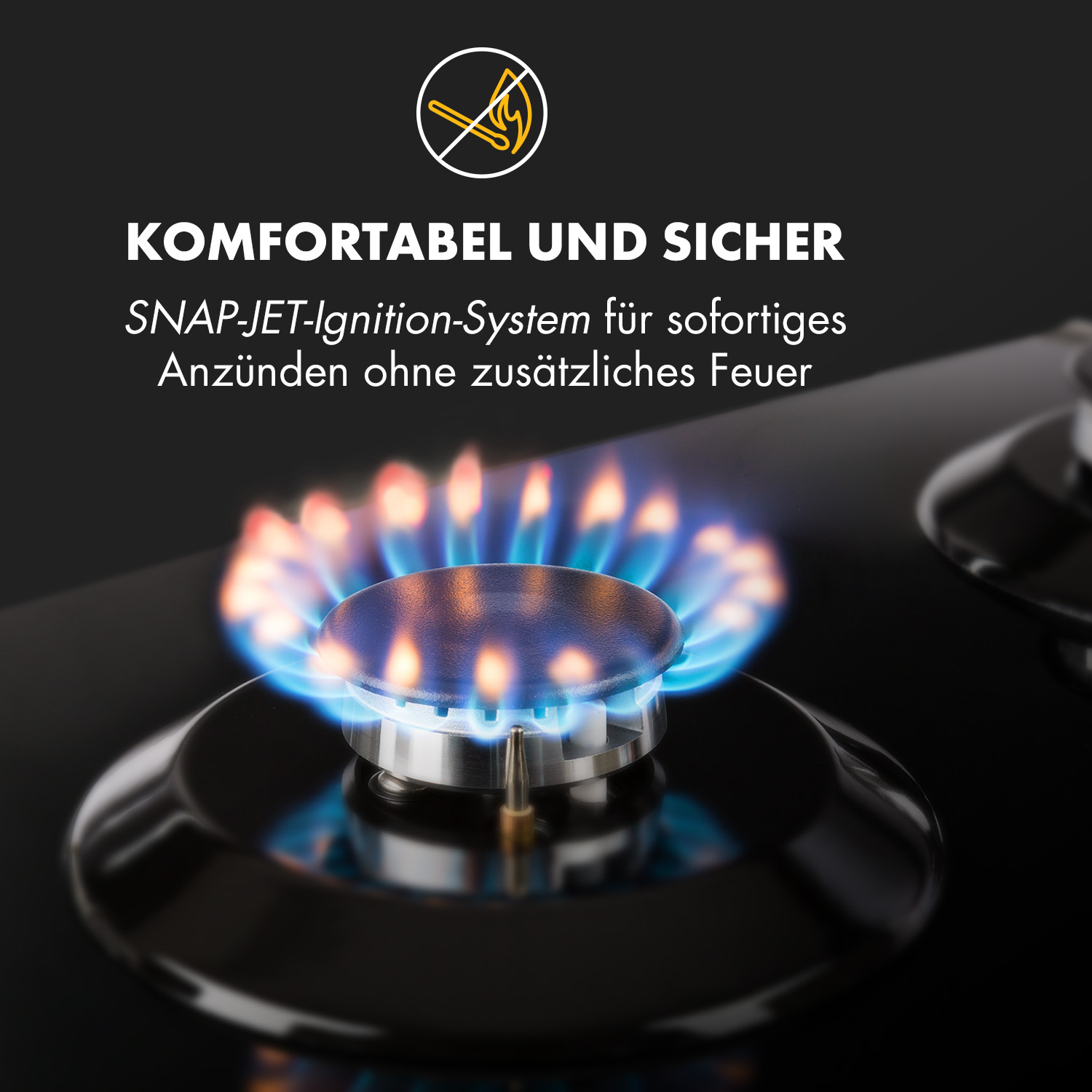 Ein Gasherd-Brenner mit blauer Flamme und Text.