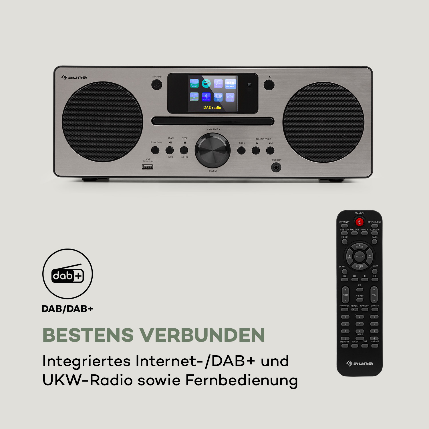 Silbernes Radio mit Bildschirm und Knöpfen. Text auf Deutsch: DAB Radio und 'Bestens verbunden'.