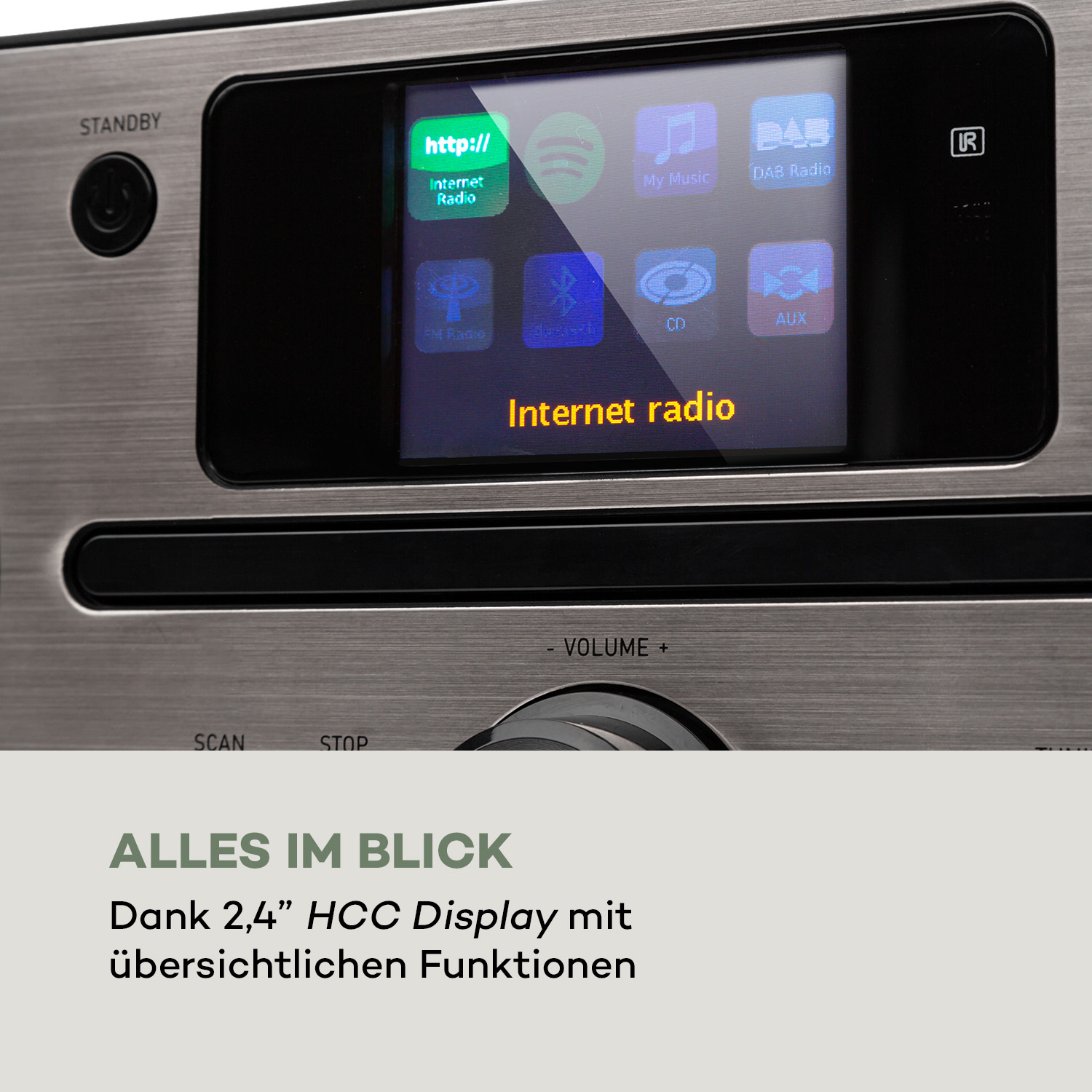 Ein silbernes Stereoanlage-Display, das Internetradio und andere Funktionen zeigt.