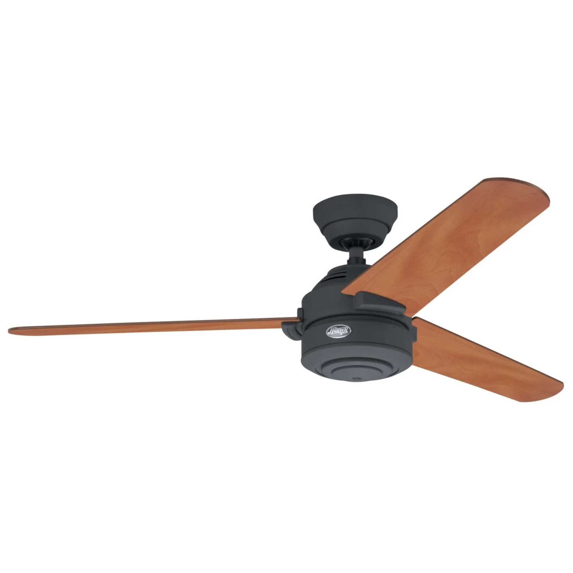 Ein Deckenventilator mit drei Holzblättern und einem schwarzen Motorgehäuse.