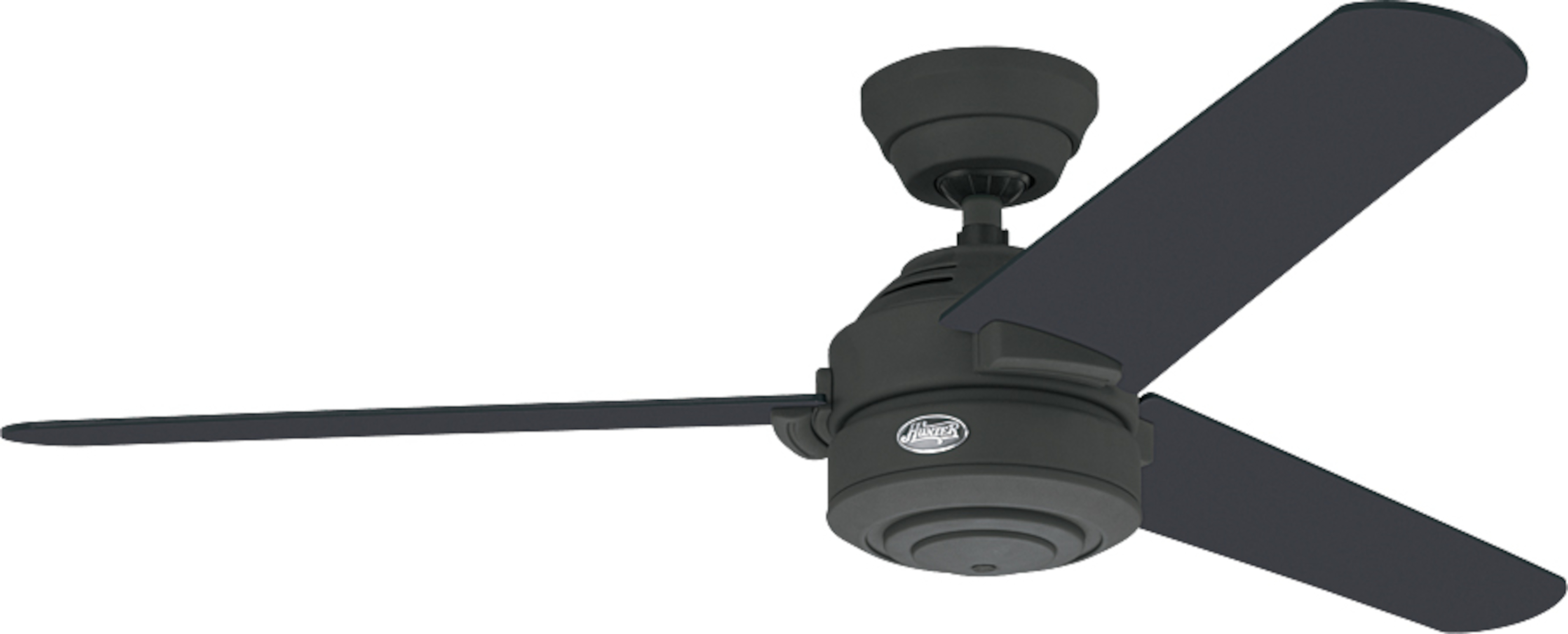 Ein schwarzer Deckenventilator mit drei Flügeln vor weißem Hintergrund.