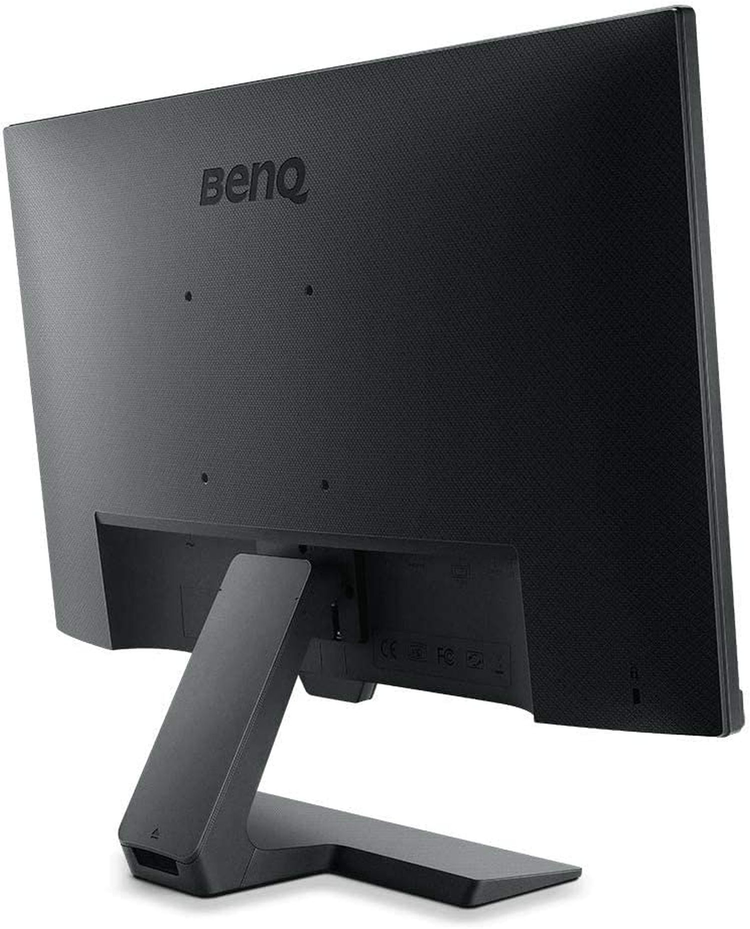 Rückseite eines schwarzen Monitors, BenQ-Logo, Ständer, Anschlüsse.