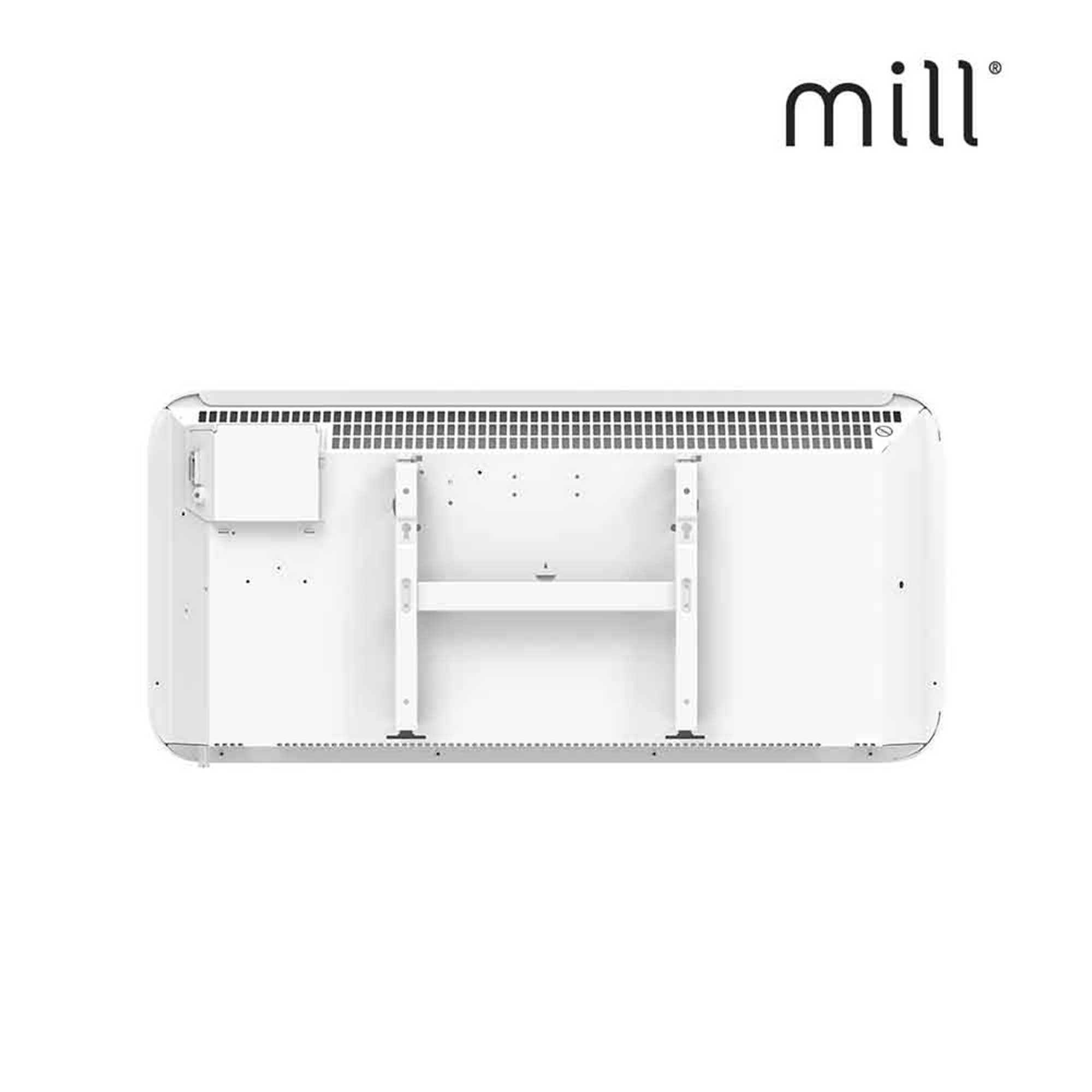 Calentador Mill blanco y rectangular, vista superior. Dos soportes visibles. Logo Mill arriba.