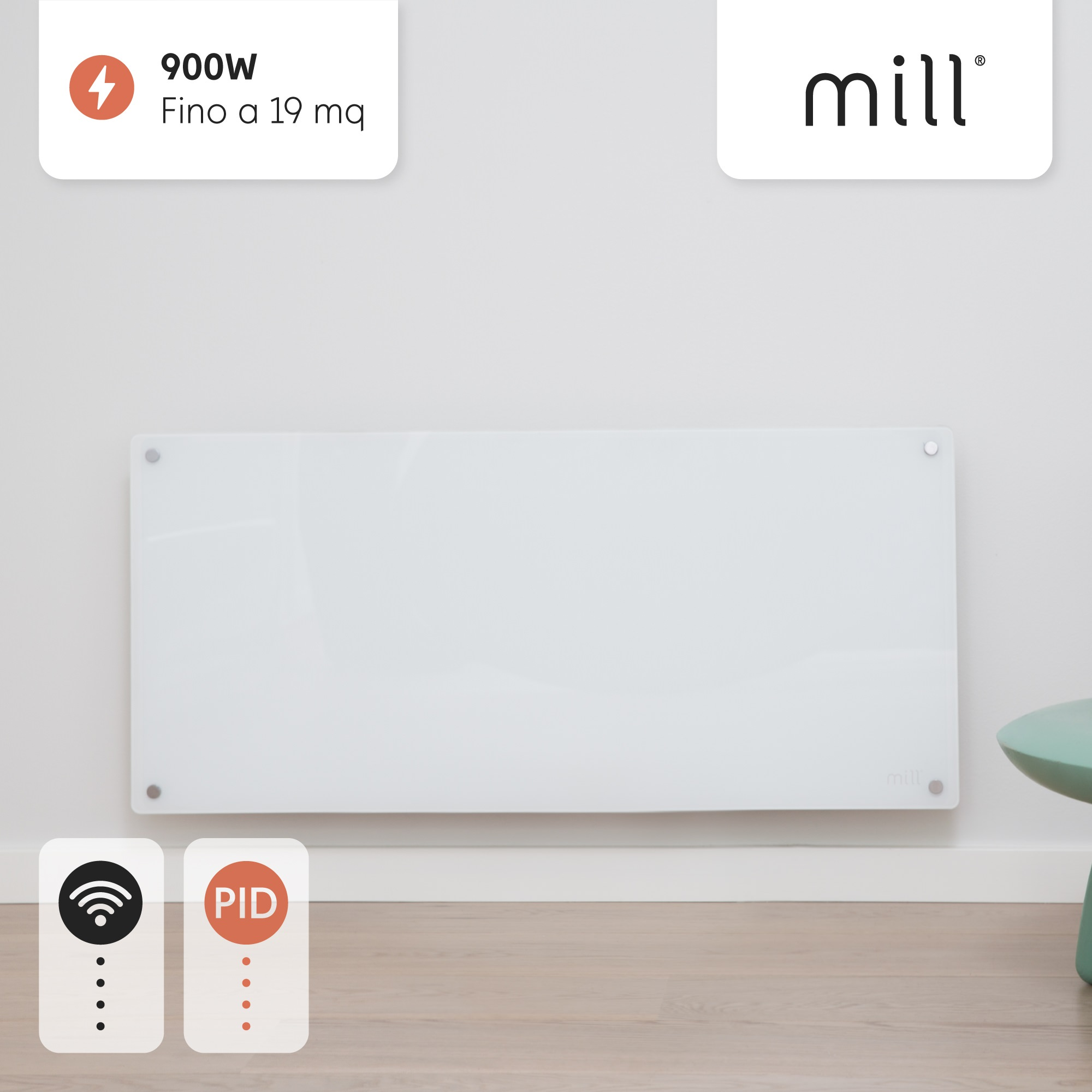 Calentador rectangular blanco en la pared con iconos de control y logo Mill, mesa lateral turquesa.