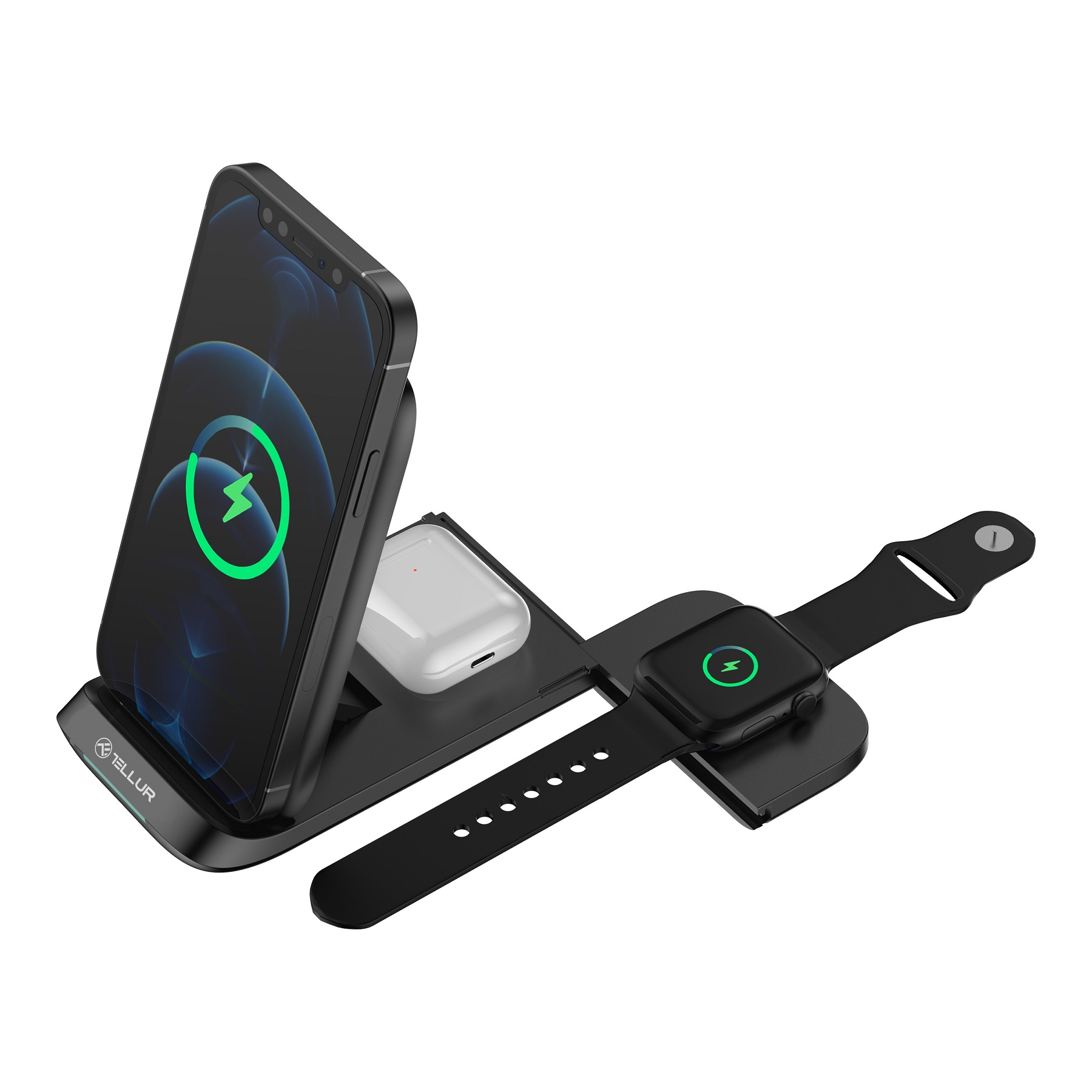 Estación de carga inalámbrica con teléfono, estuche de auriculares y reloj inteligente. Negro y blanco.