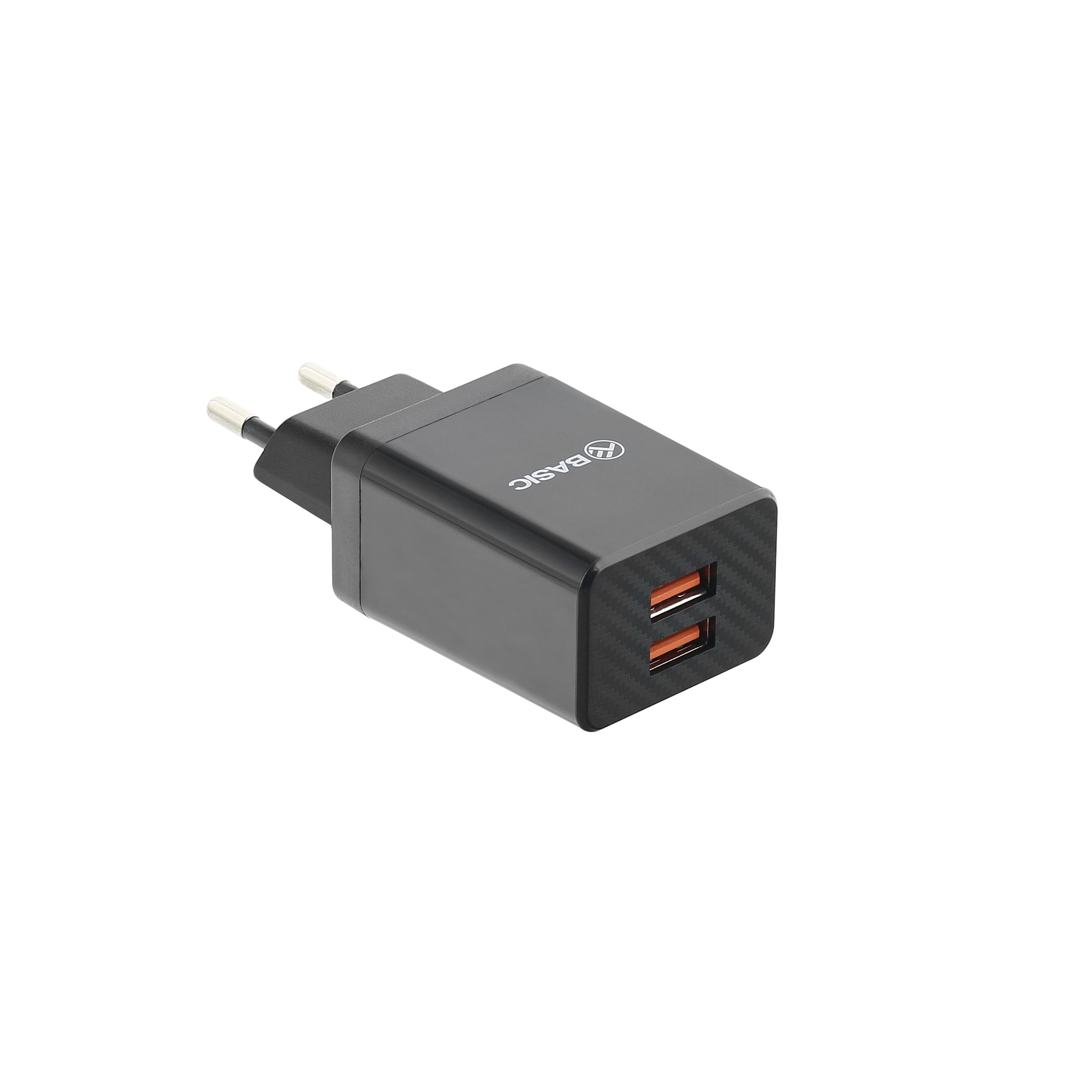 Czarna i szara ładowarka. Dwa porty USB i nazwa marki na białym tle.