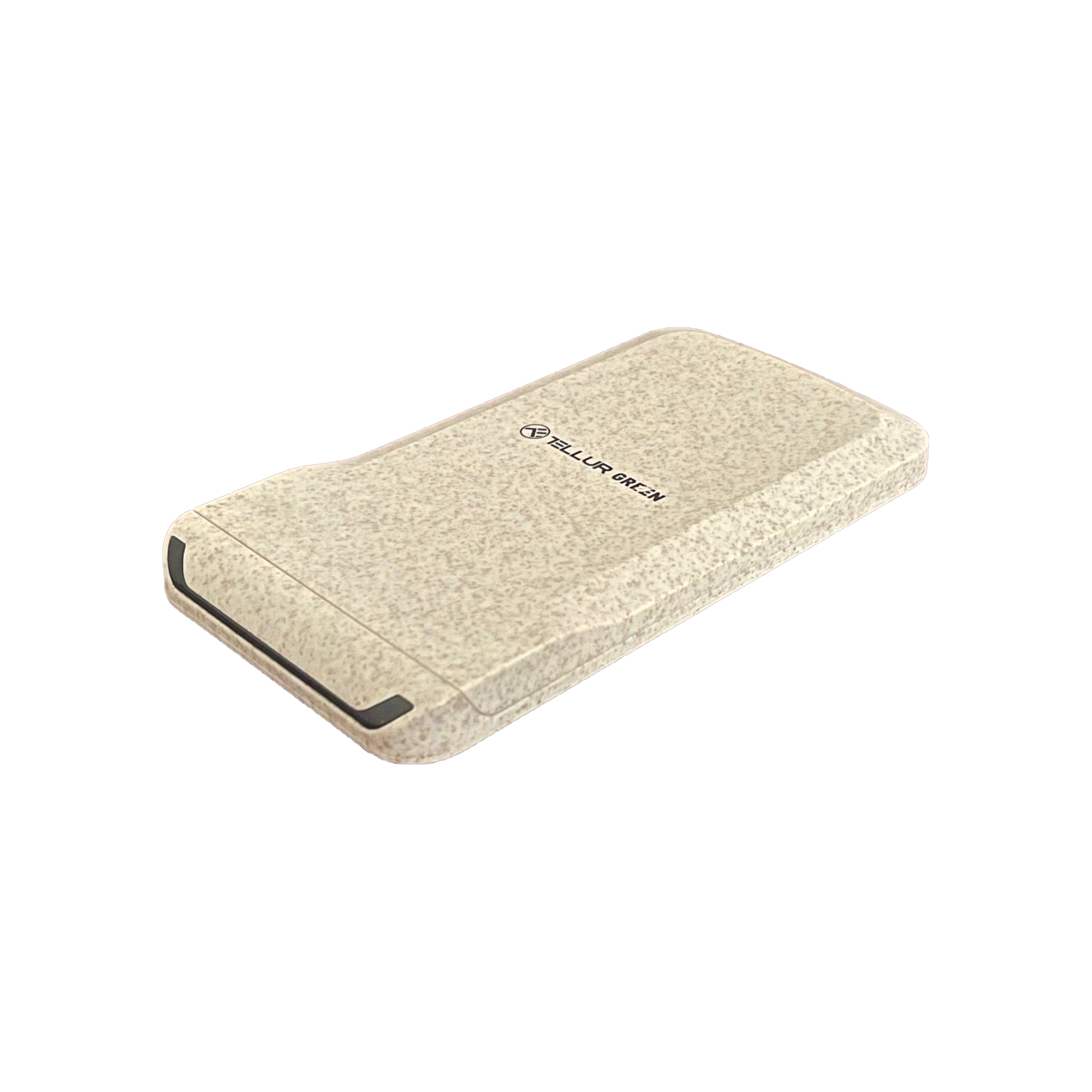 Beżowe etui Tellur Green na elektronikę. Czarne wykończenie, pod kątem, na białym tle.