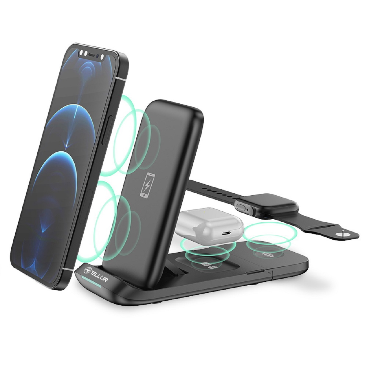 Estación de carga cargando un teléfono, reloj y auriculares. Los dispositivos están en la estación, cargando de forma inalámbrica.