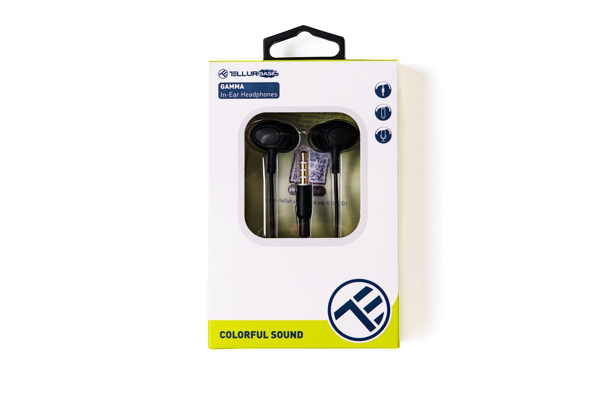 Słuchawki w pudełku. Pudełko jest biało-zielone z nazwą marki TellurBasic.