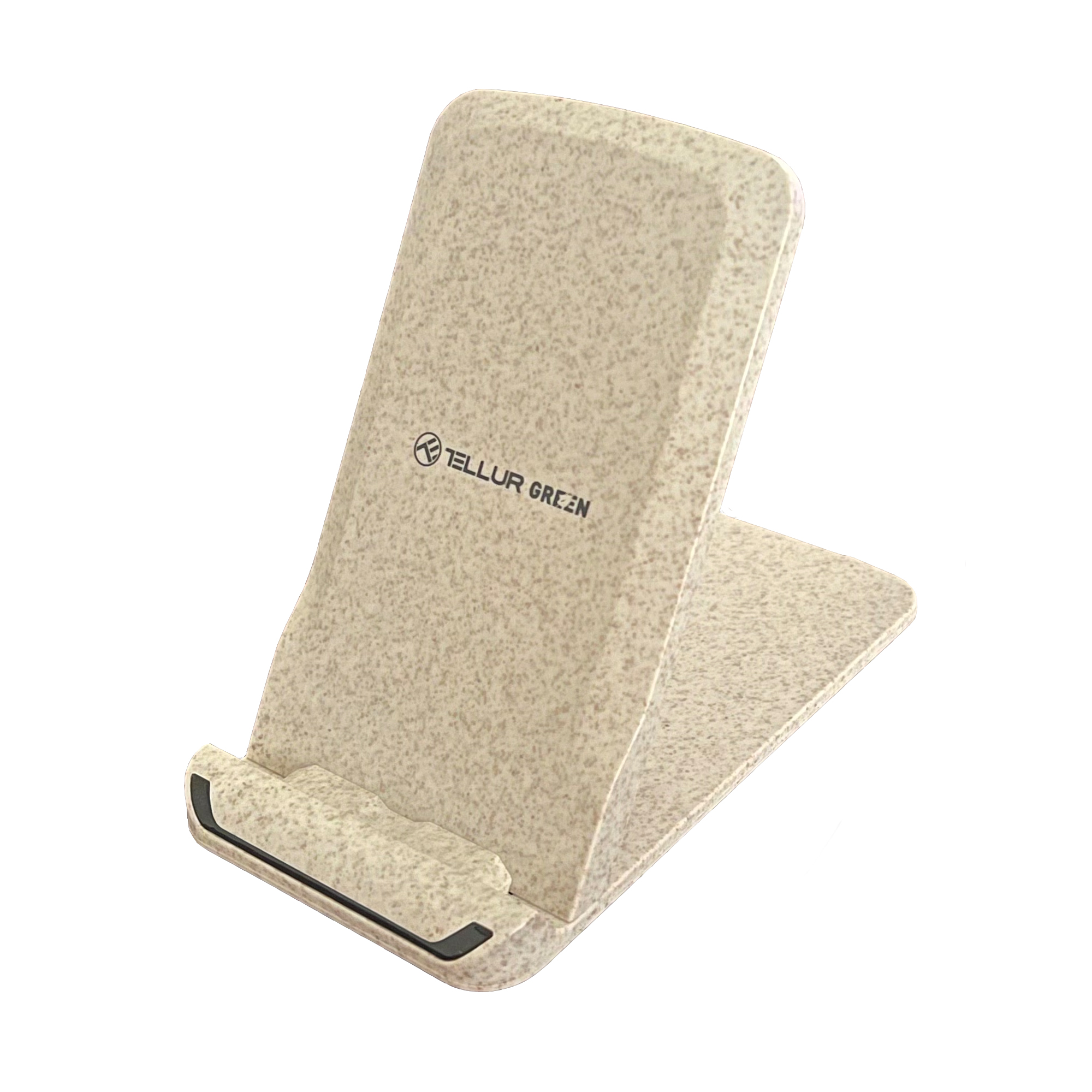 Beżowa podstawka pod telefon, pochylona w stronę widza. Widnieje na niej napis TELLUR GREEN.