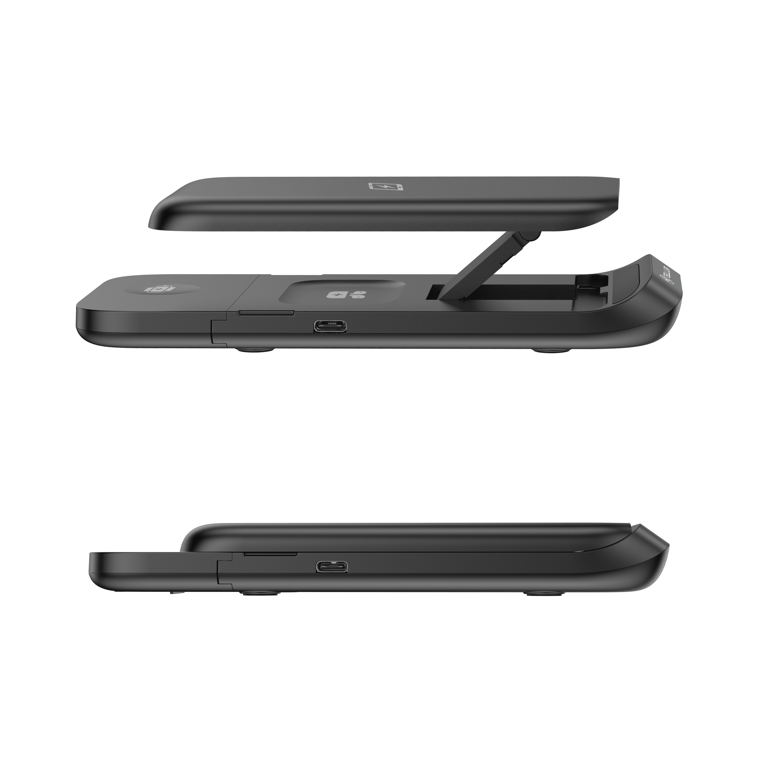 Dos vistas de un dispositivo negro, una con la parte superior abierta, otra cerrada. Los puertos USB son visibles.