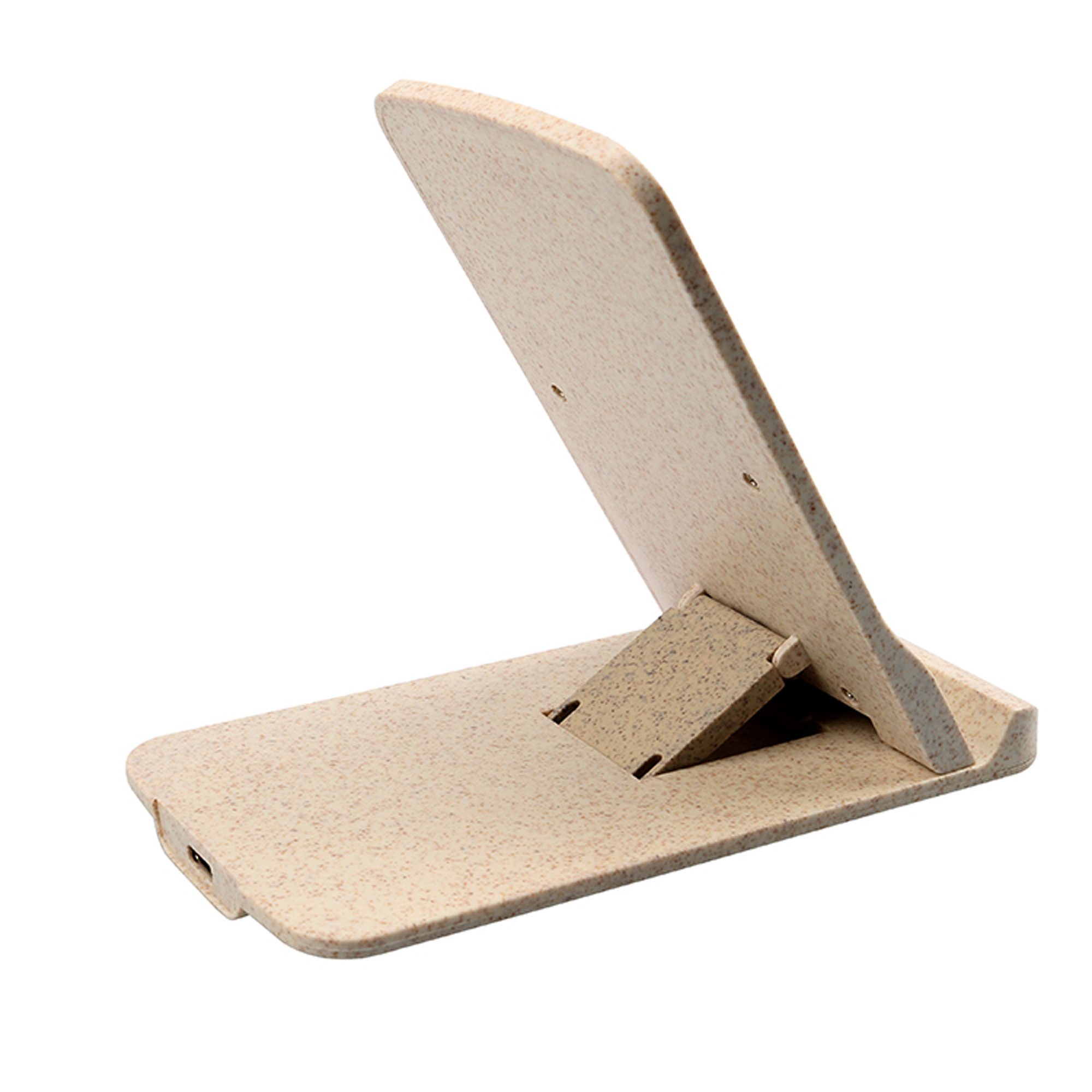 Beżowa podstawka pod telefon, regulowana i składana, z portem ładowania. Izolowana na białym tle.