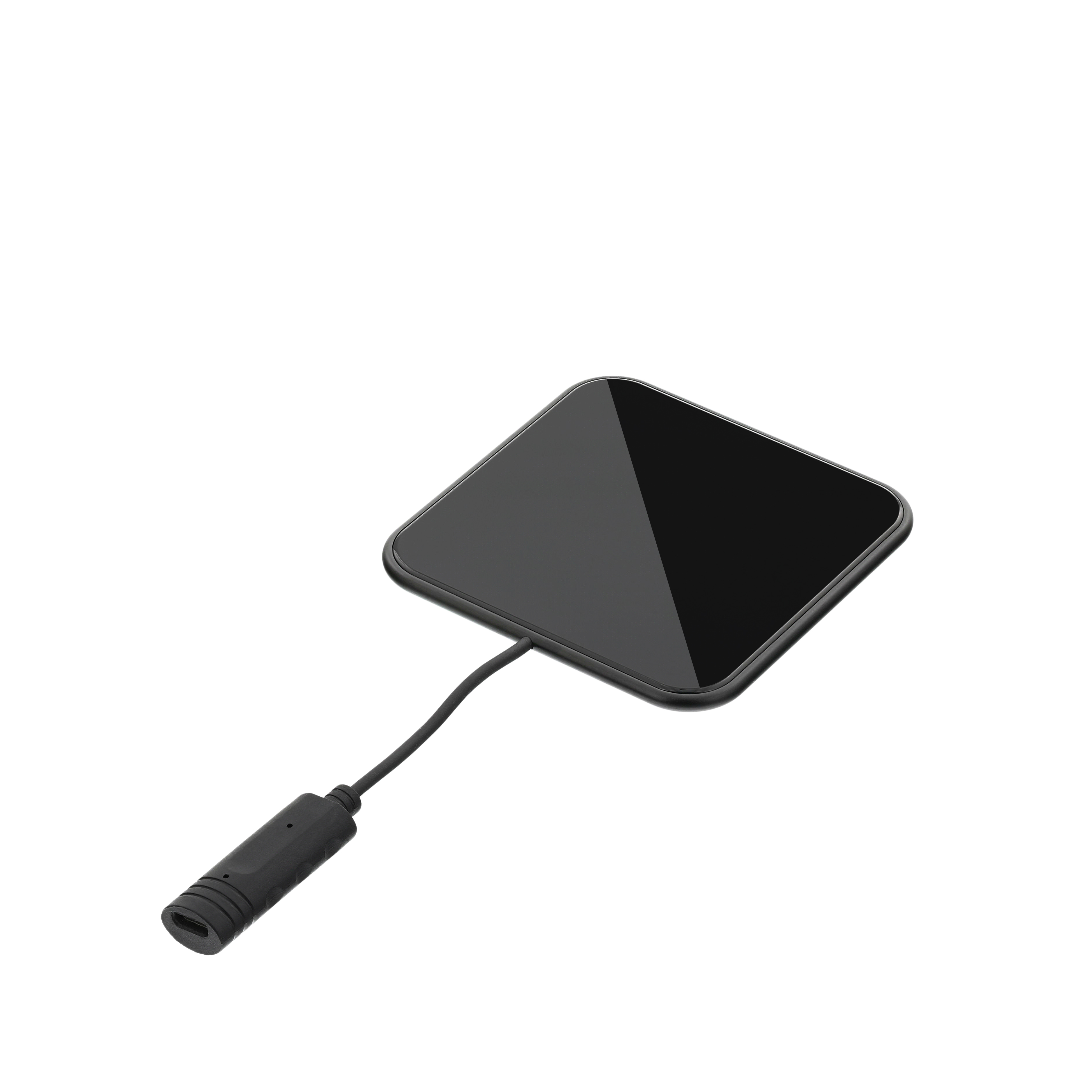 Czarna ładowarka bezprzewodowa, kwadratowy kształt, z dołączonym kablem ładującym. Białe tło.