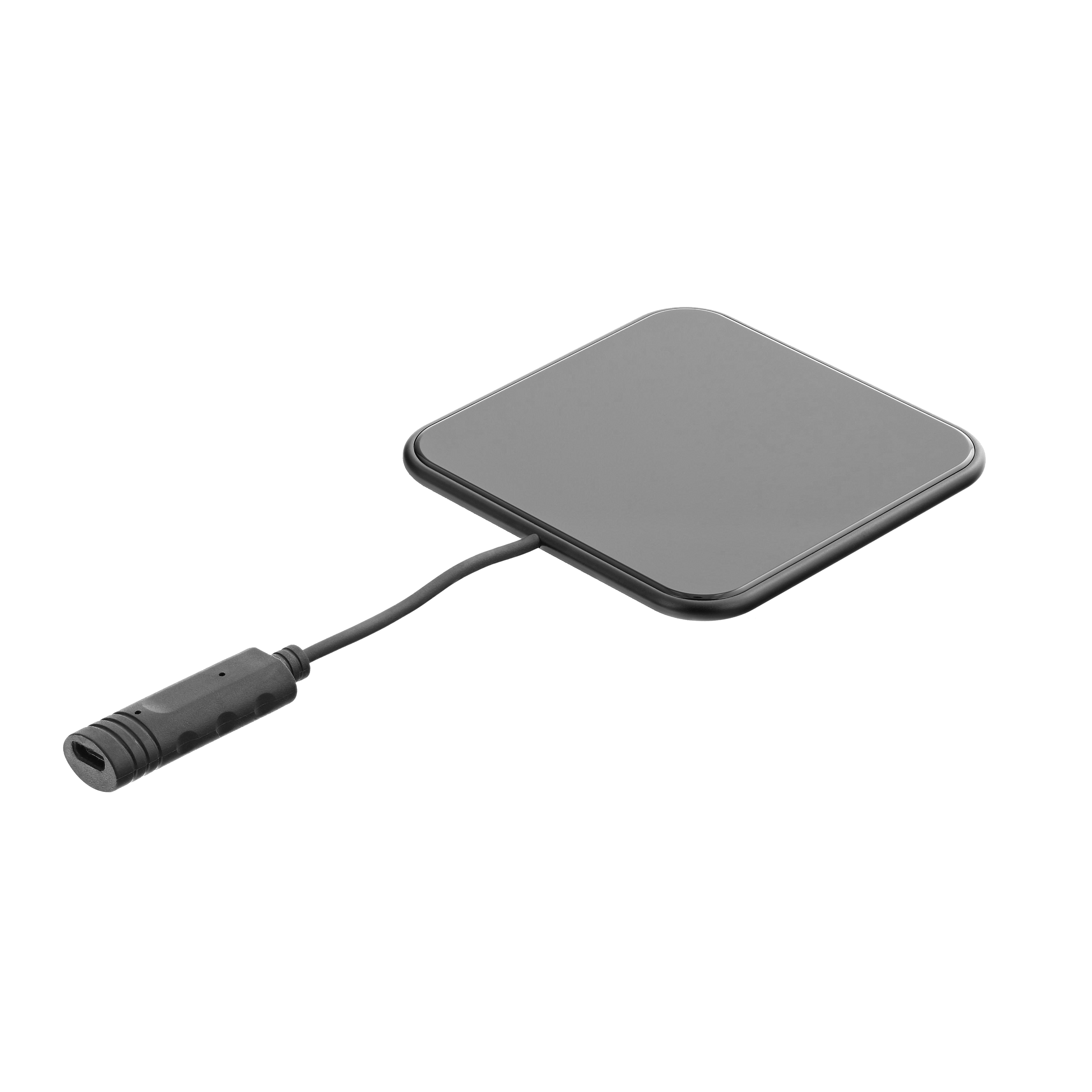 Czarna bezprzewodowa podkładka ładująca z dołączonym kablem na białym tle.
