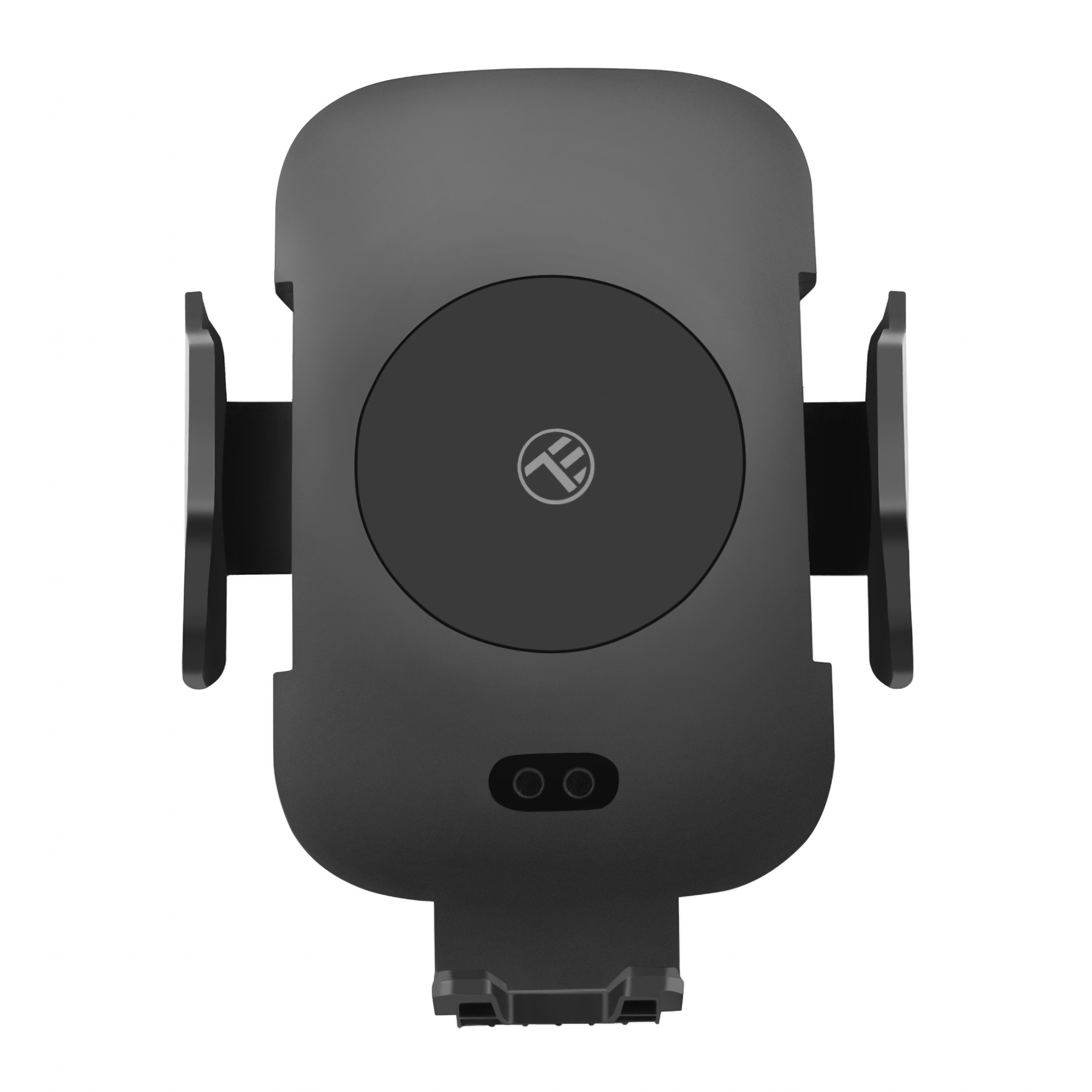 Soporte negro para teléfono de coche con un logotipo, vista superior, fondo negro.