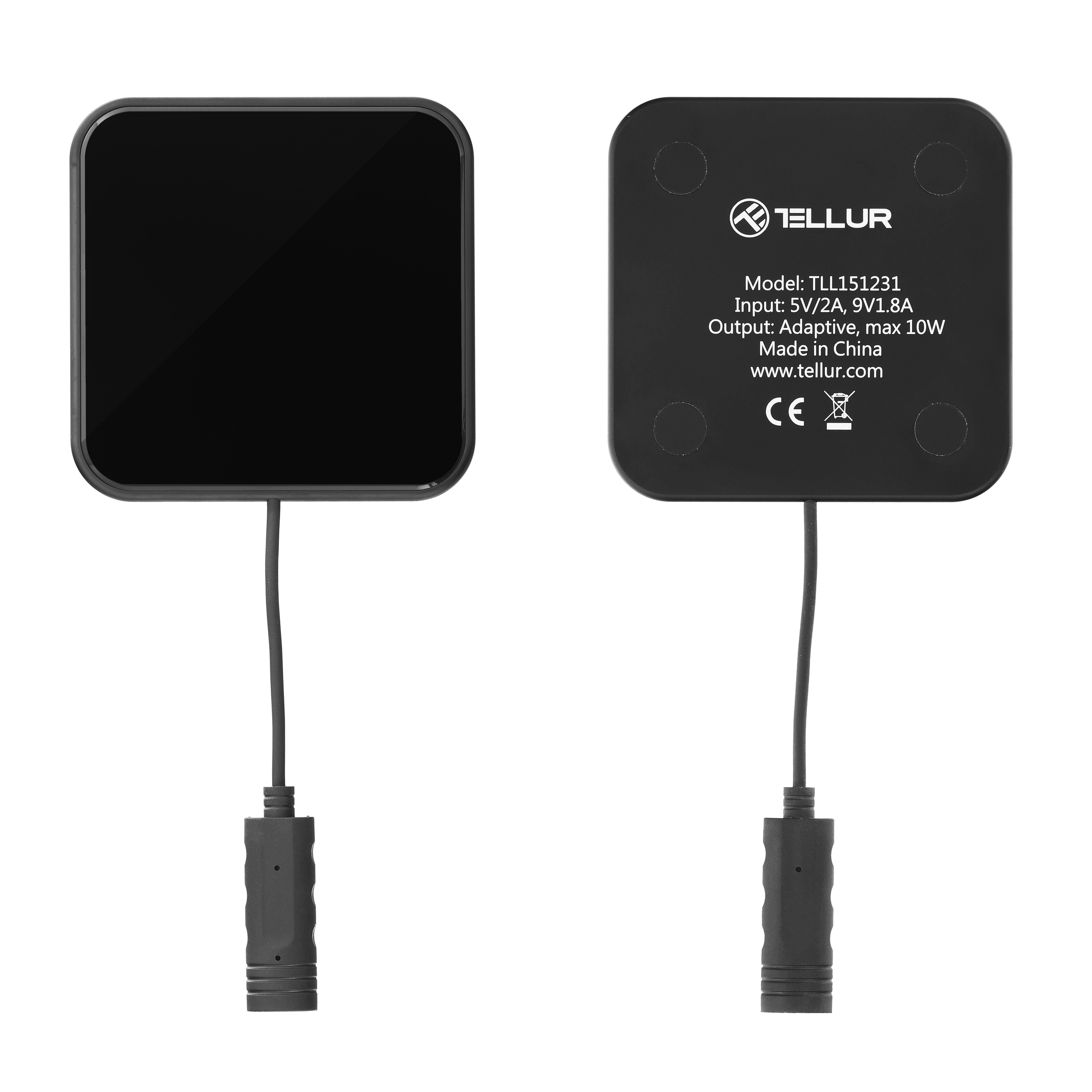 Dwie czarne bezprzewodowe podkładki ładujące z kablem. Jedna podkładka pokazuje czarną powierzchnię, druga tył z tekstem.