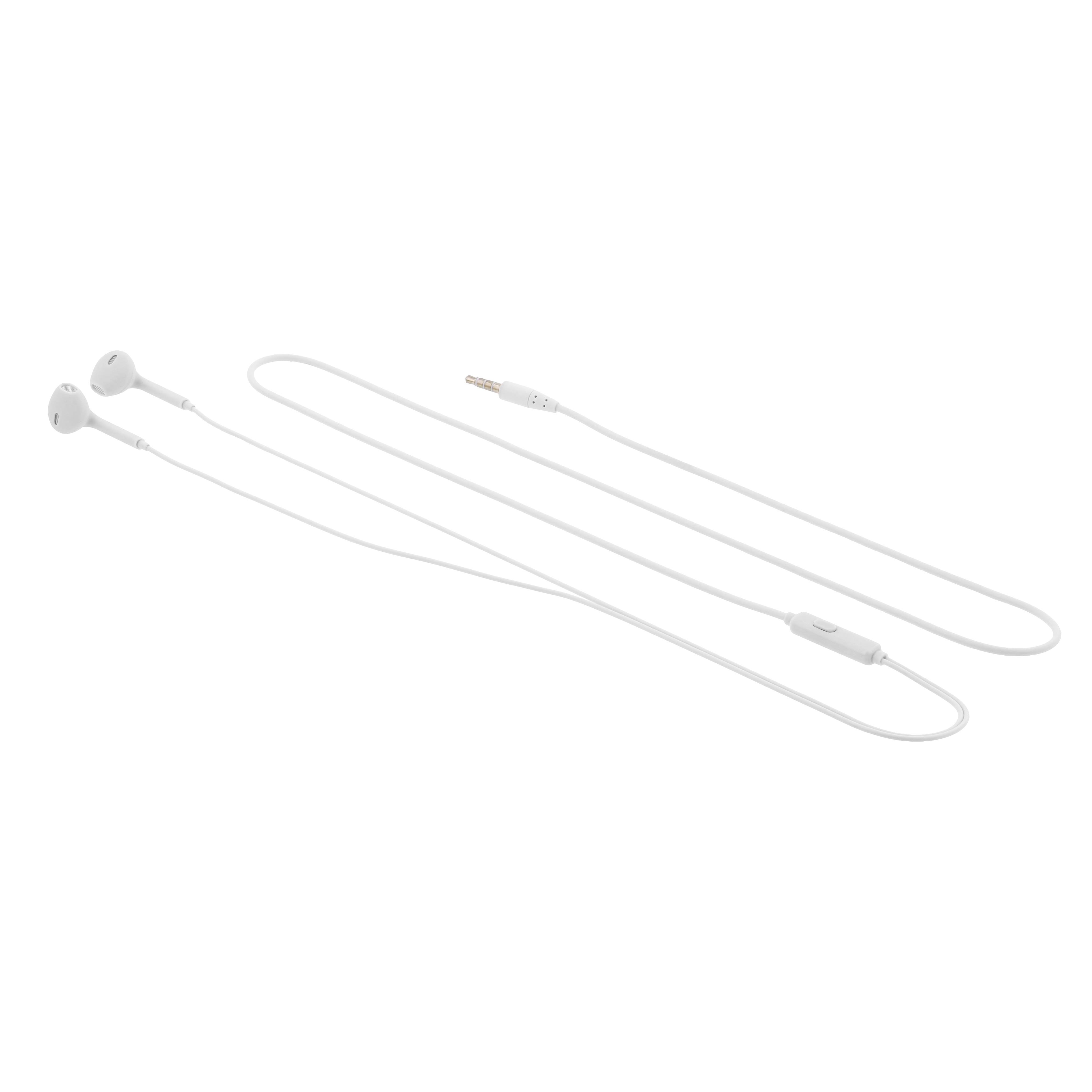 Białe przewodowe słuchawki z mikrofonem i przyciskiem. Tło jest białe.