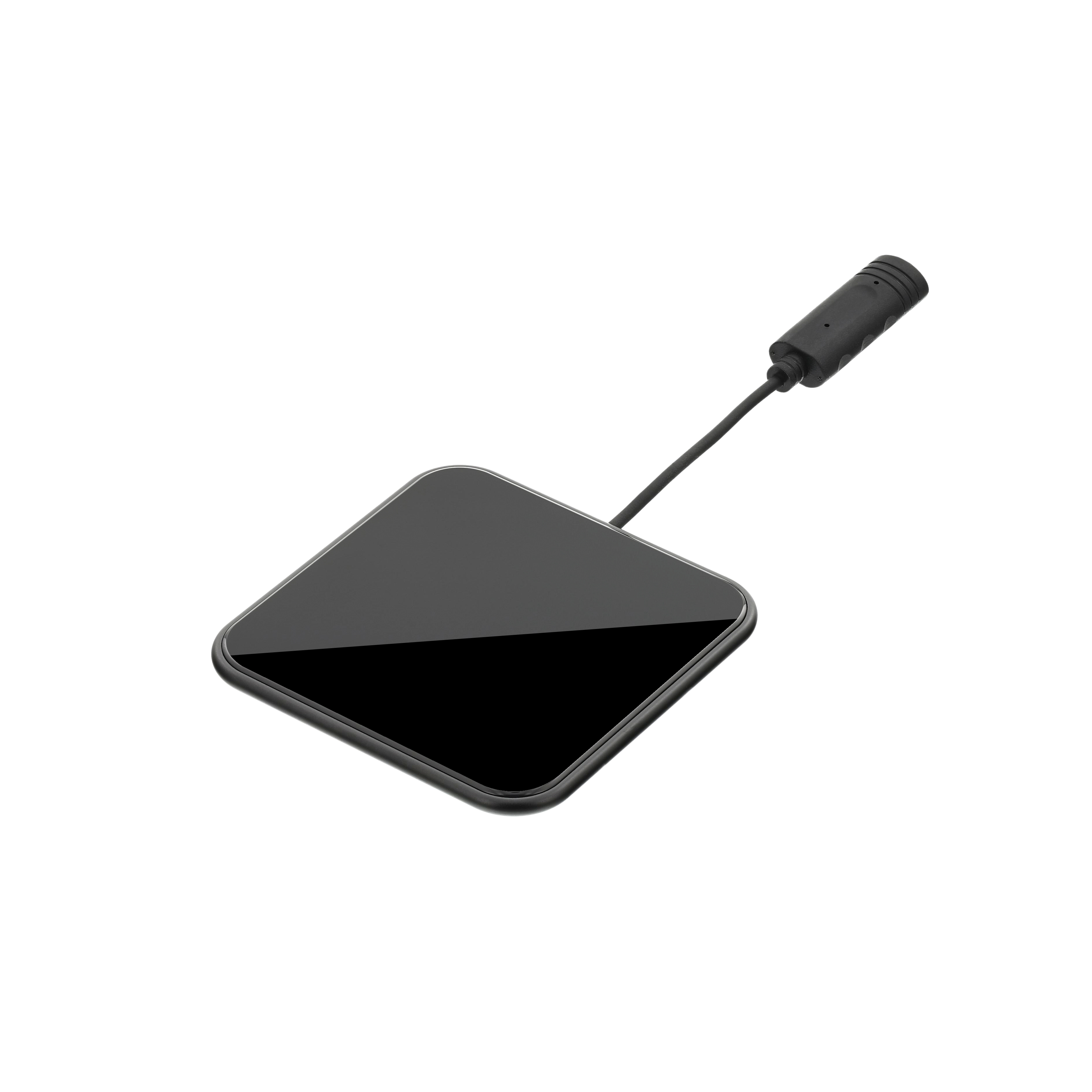 Czarna ładowarka bezprzewodowa, kwadratowa, z kablem.