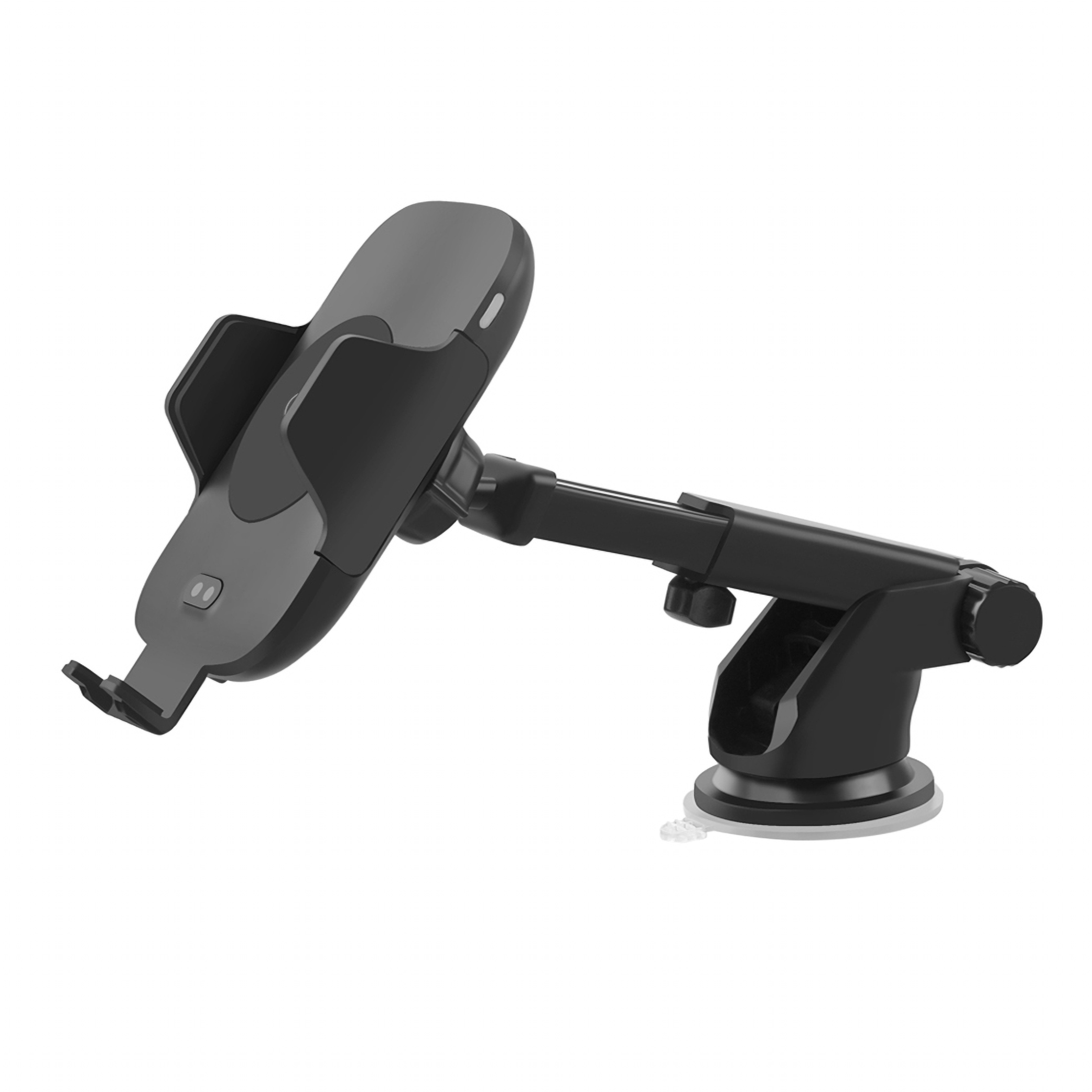 Soporte para teléfono negro con base de ventosa, diseñado para montaje en parabrisas de coche.