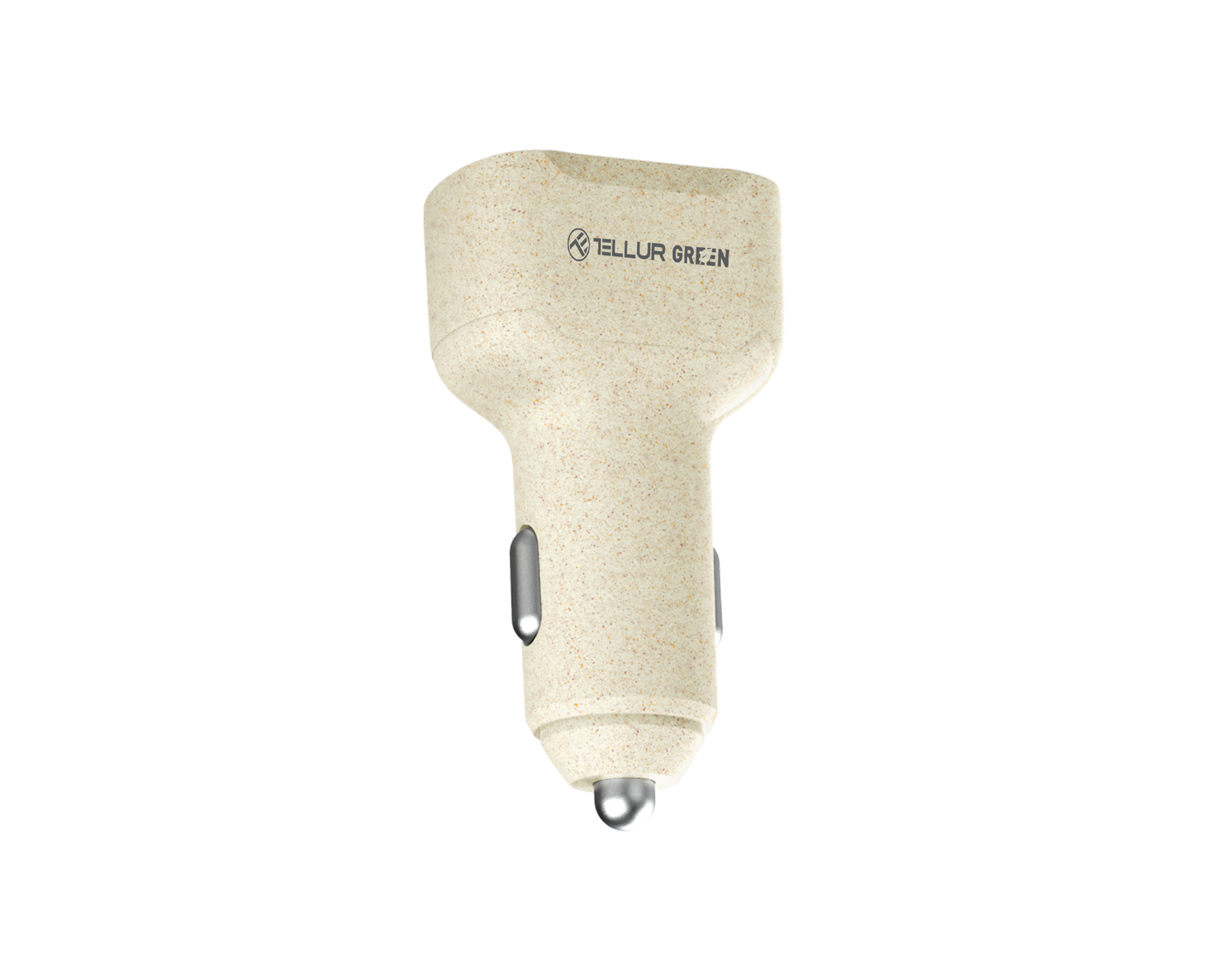 Beżowa ładowarka samochodowa z tekstem "TELLUR GREEN". Chromowana metalowa końcówka na czarnym tle.