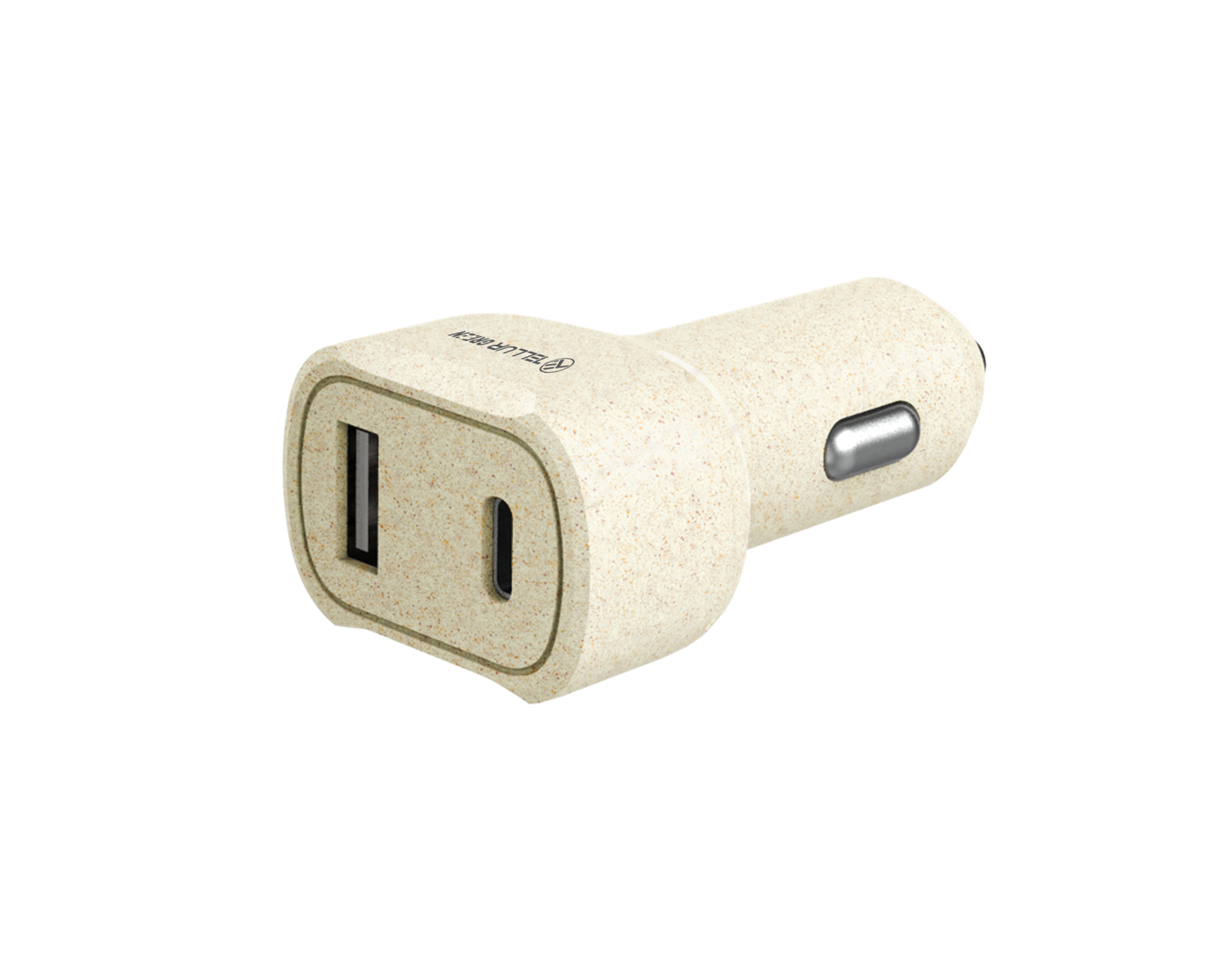 Beżowa ładowarka samochodowa z portem USB i USB-C na czarnym tle.