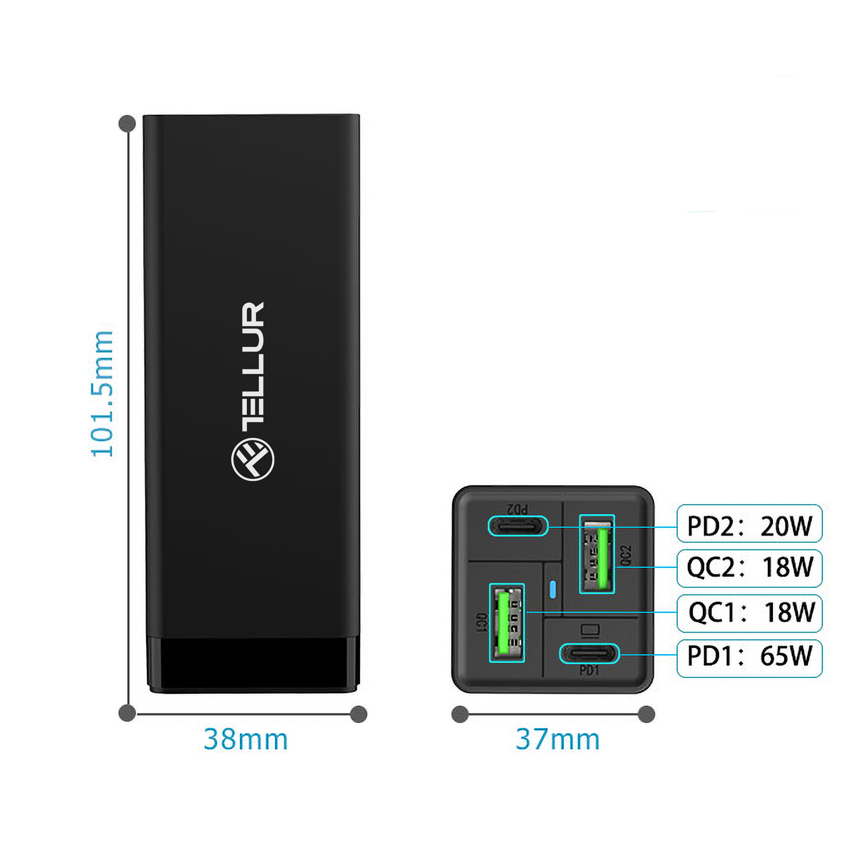 Czarny power bank z wymiarami i etykietami portów (PD2, QC2, QC1, PD1).