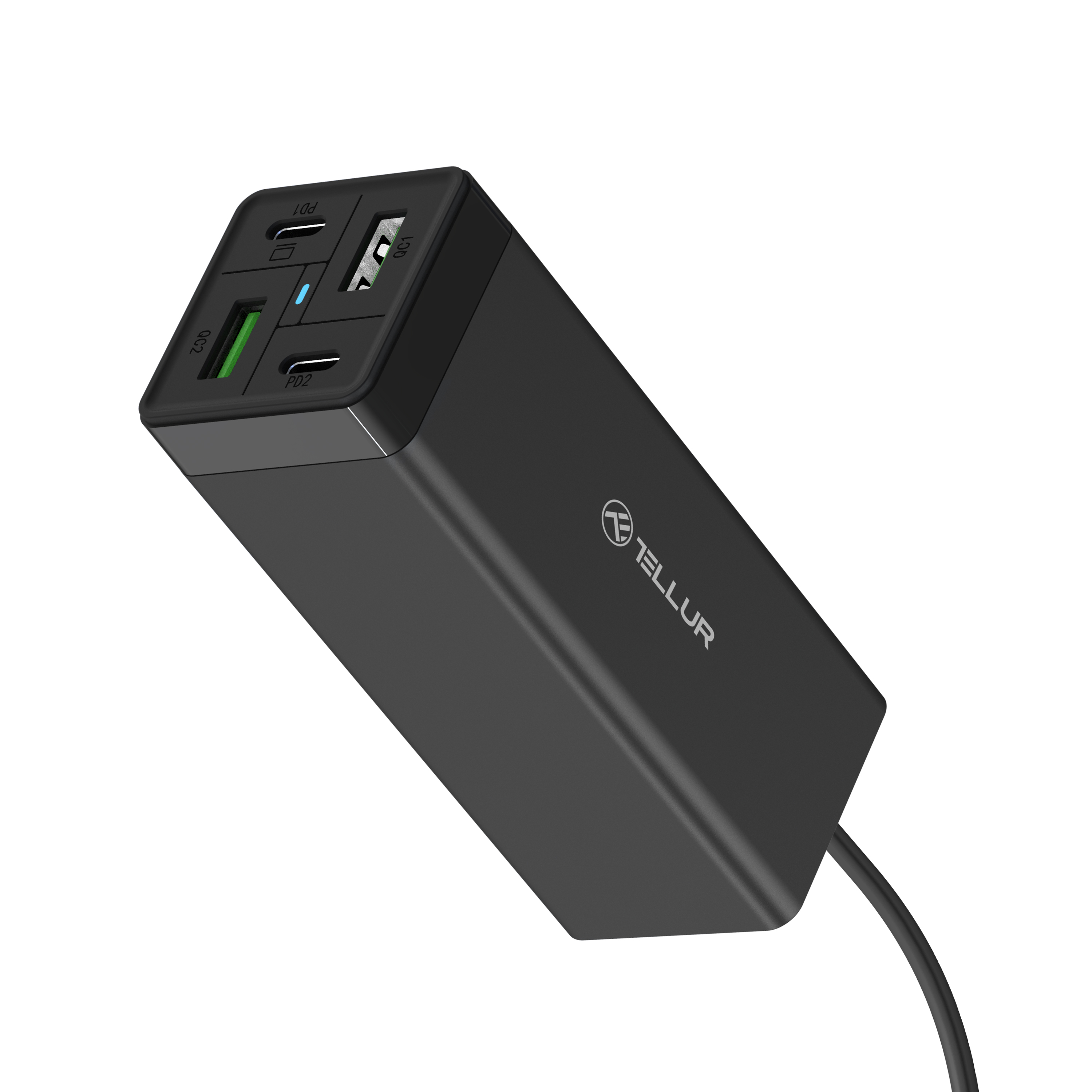 Czarny power bank Tellur z portami USB i kablem ładującym, na białym tle.