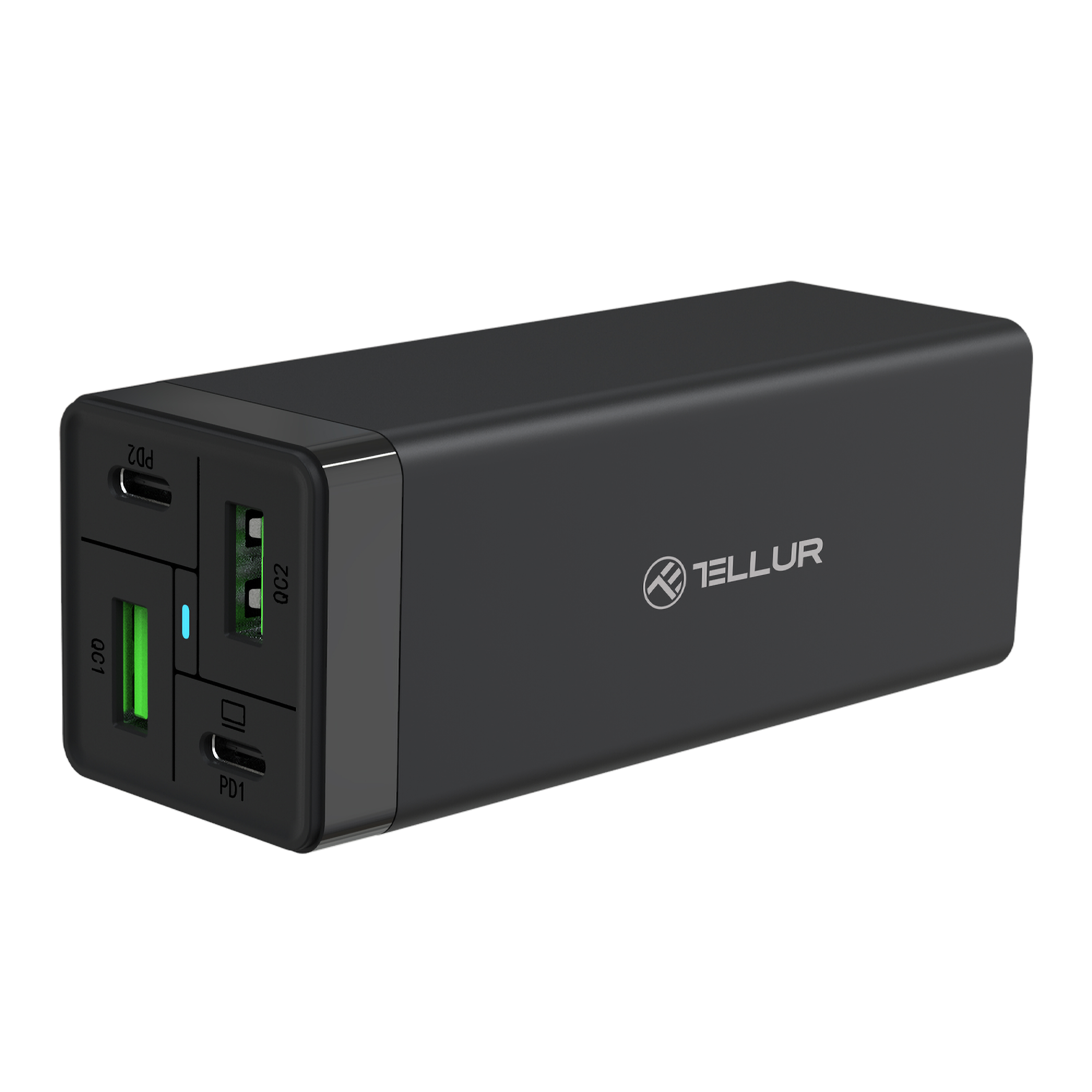 Czarny power bank z portami oznaczonymi jako PD1, PD2 i QC2. Widoczna jest nazwa marki 'Tellur'.