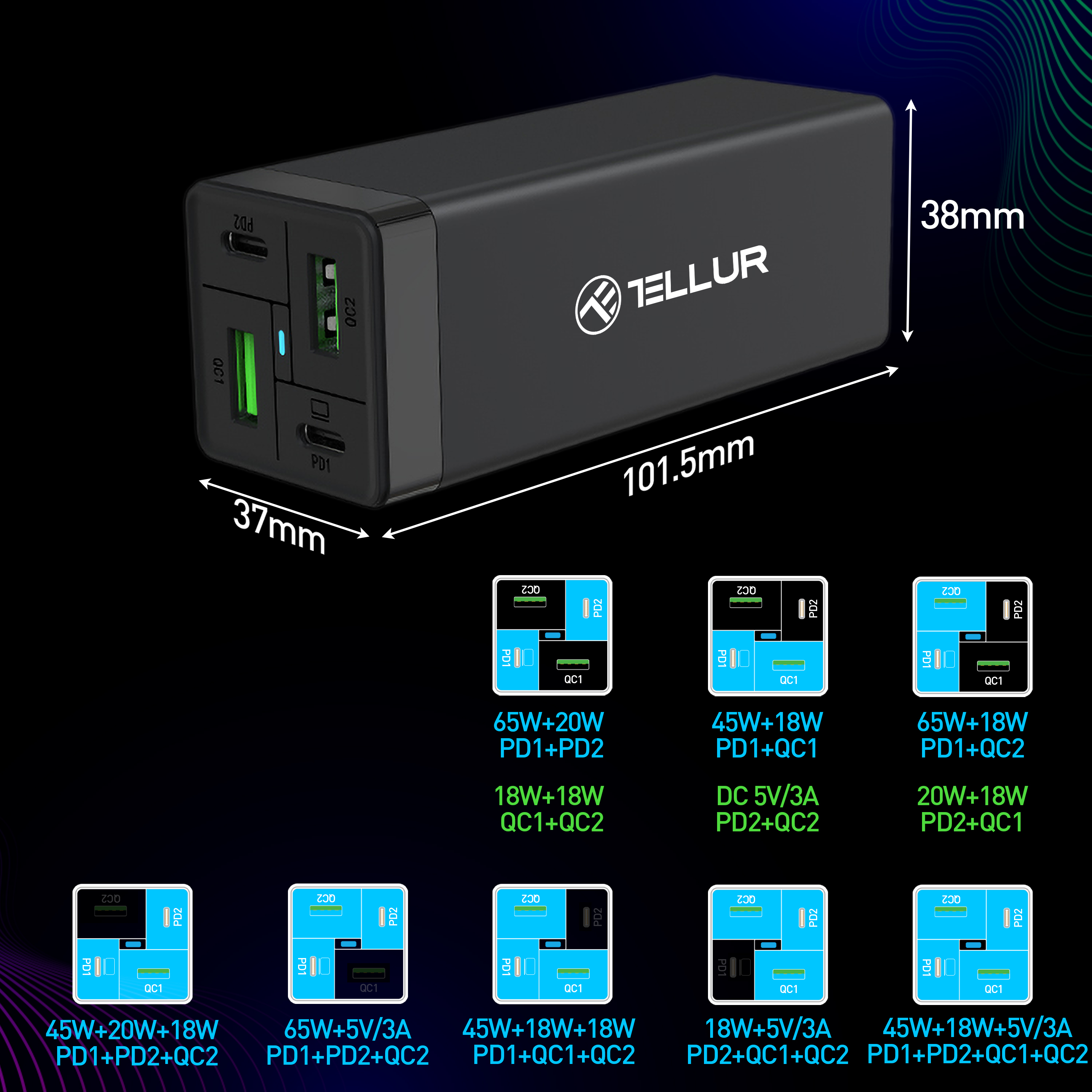 Czarny power bank z wieloma portami i oznaczonymi wymiarami. Z marką 'Tellur'.