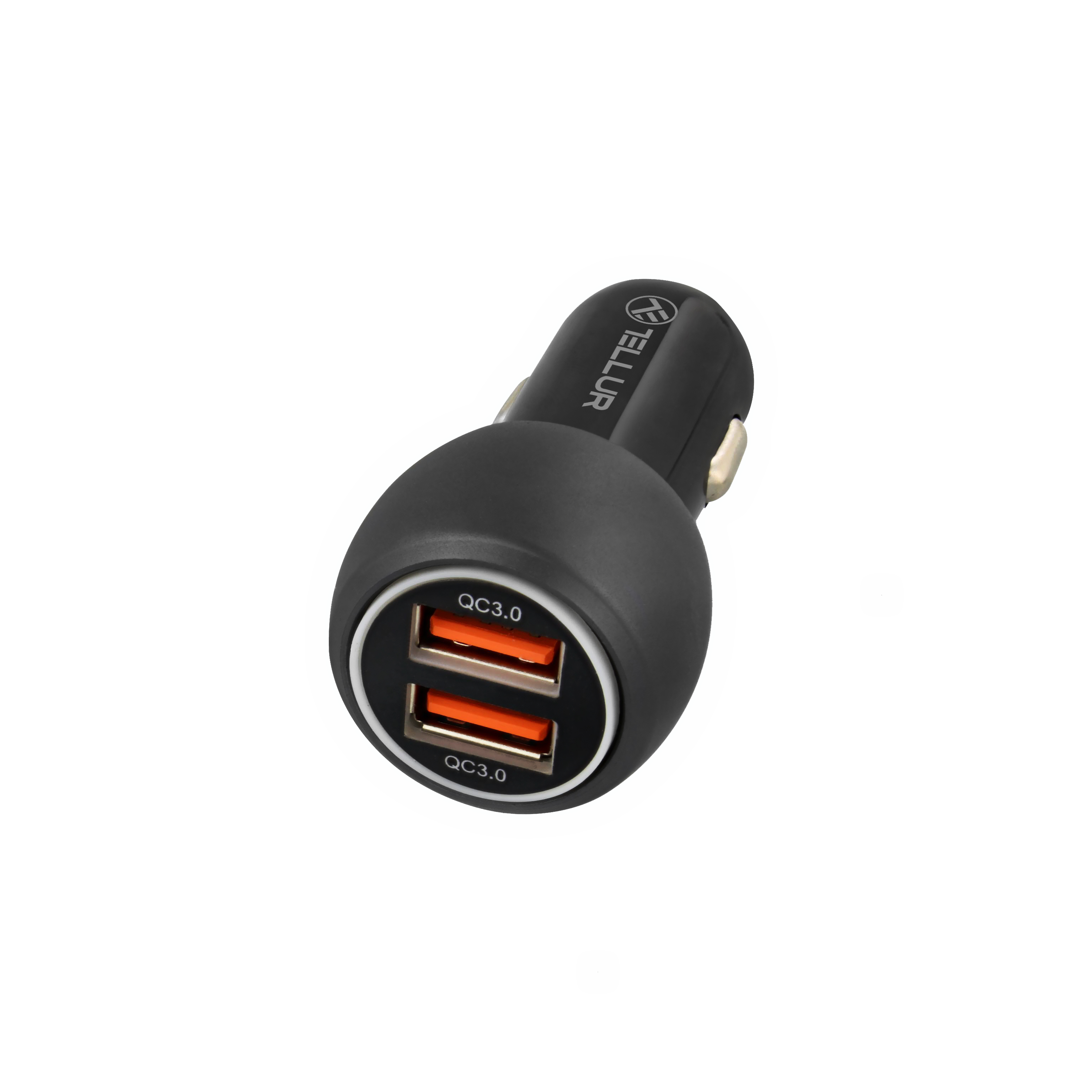 Cargador de coche negro con dos puertos USB naranjas. Tiene etiqueta QC3.0 y el logo Tellur.