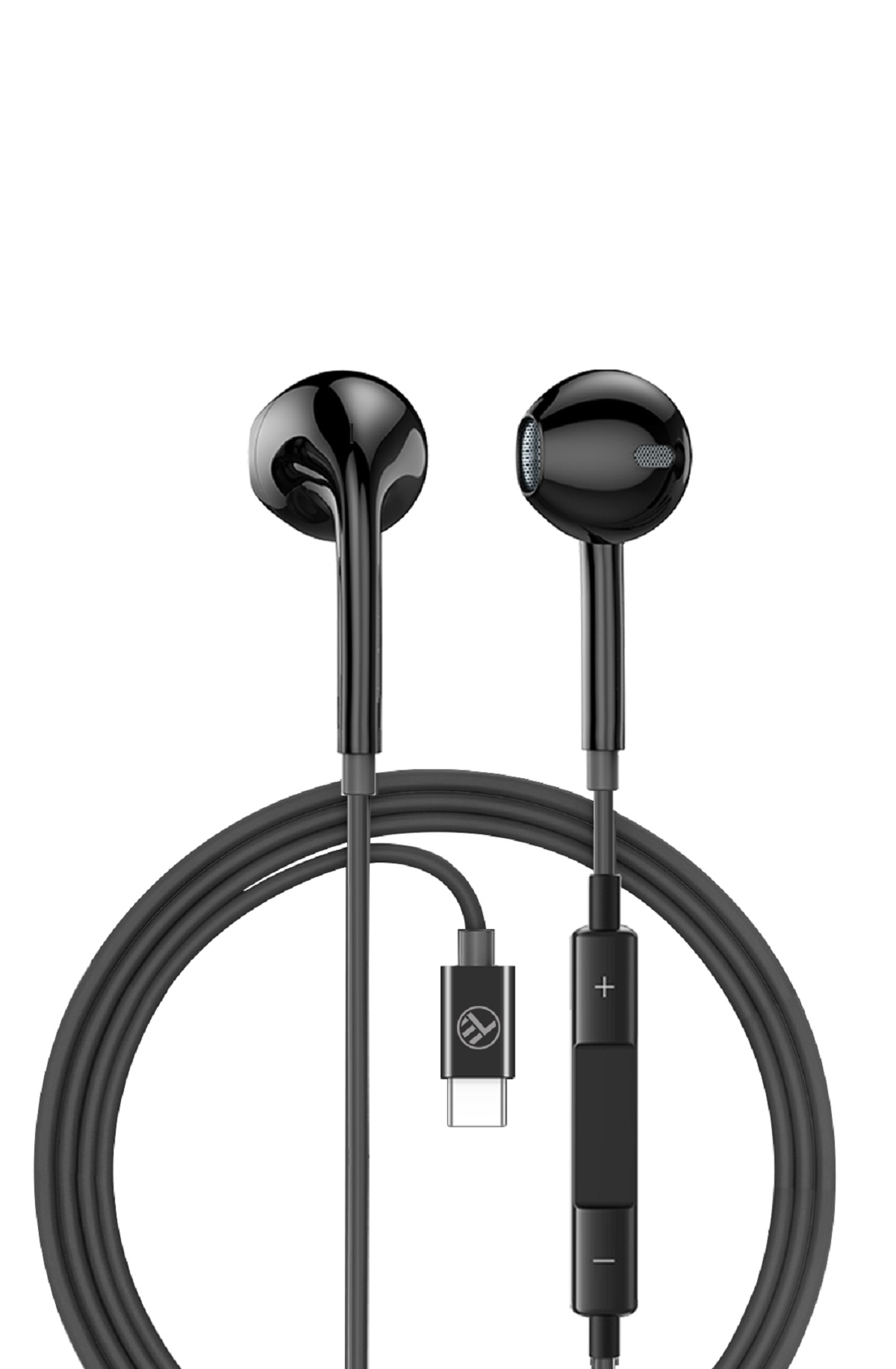 Czarne słuchawki douszne z kablem i przyciskiem sterowania. Kabel kończy się złączem USB-C.